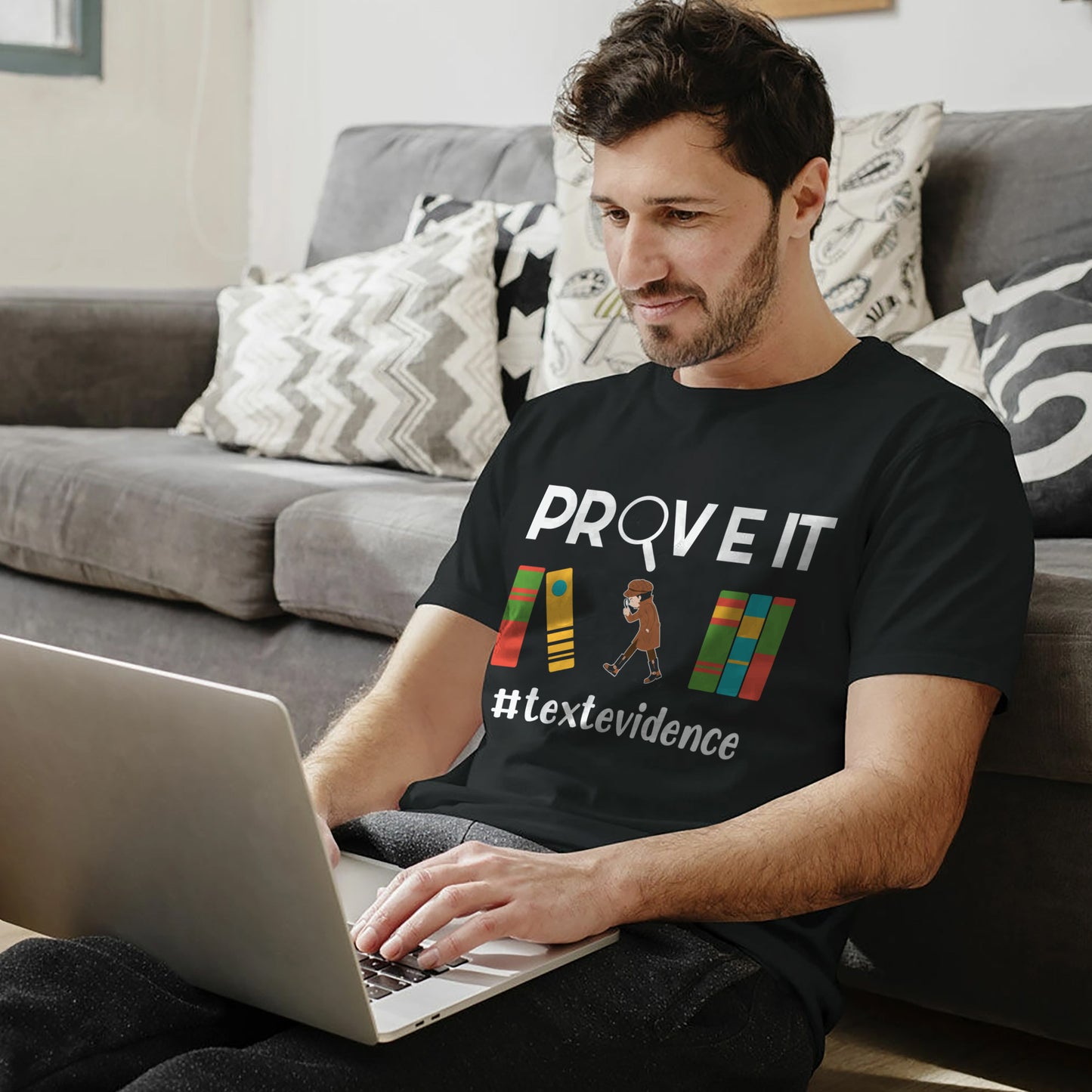 Sleuth Shirt – Prove It with Text Evidence Tee – Funny Reading Detective Teacher Shirt – Black – Up To 5XL