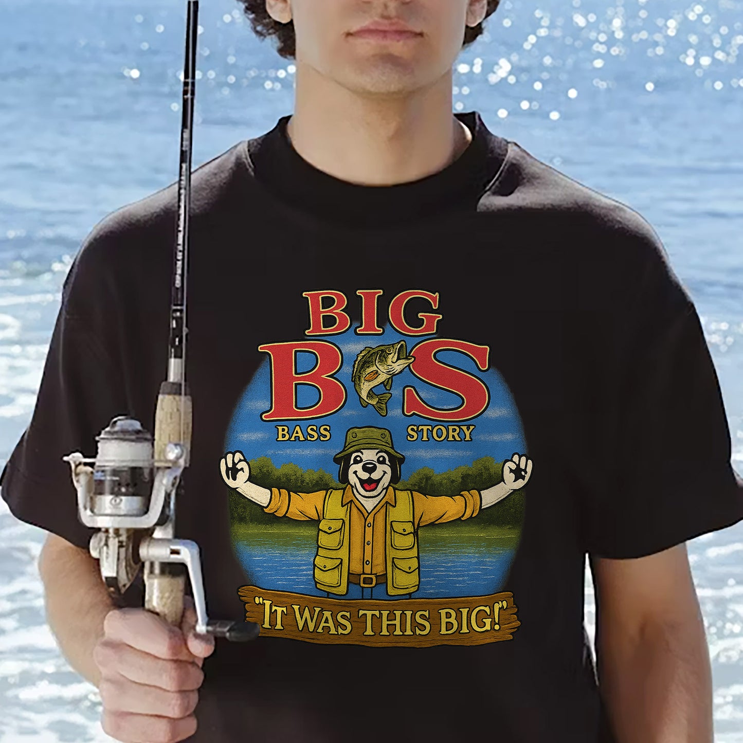 Big Bass Fishing "It Was This Big" Shirt – Funny Bass Story Angler Tee – Humorous Fisherman Gift – White – Up To 5XL