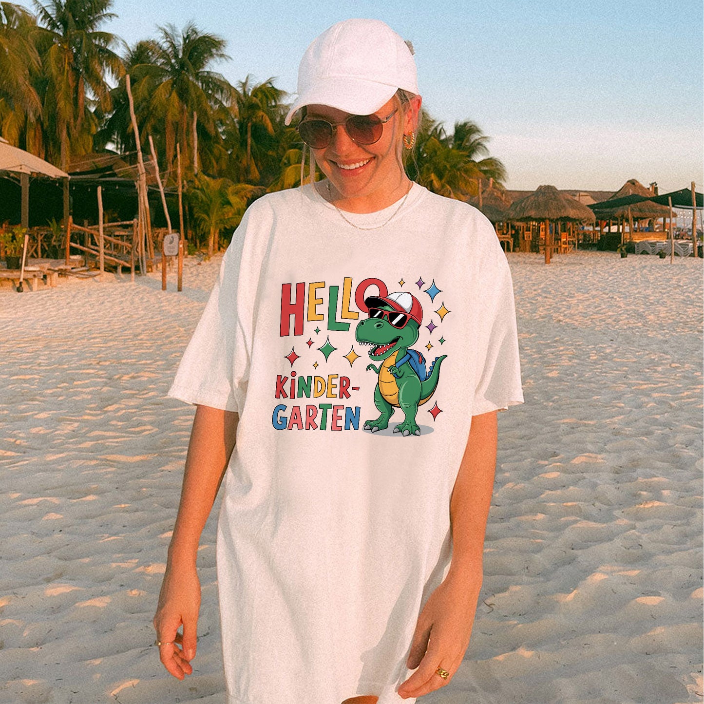 Hello Kindergarten Dinosaur Shirt – First Day of School Tee – Back To School Outfit – White – Up To 5XL