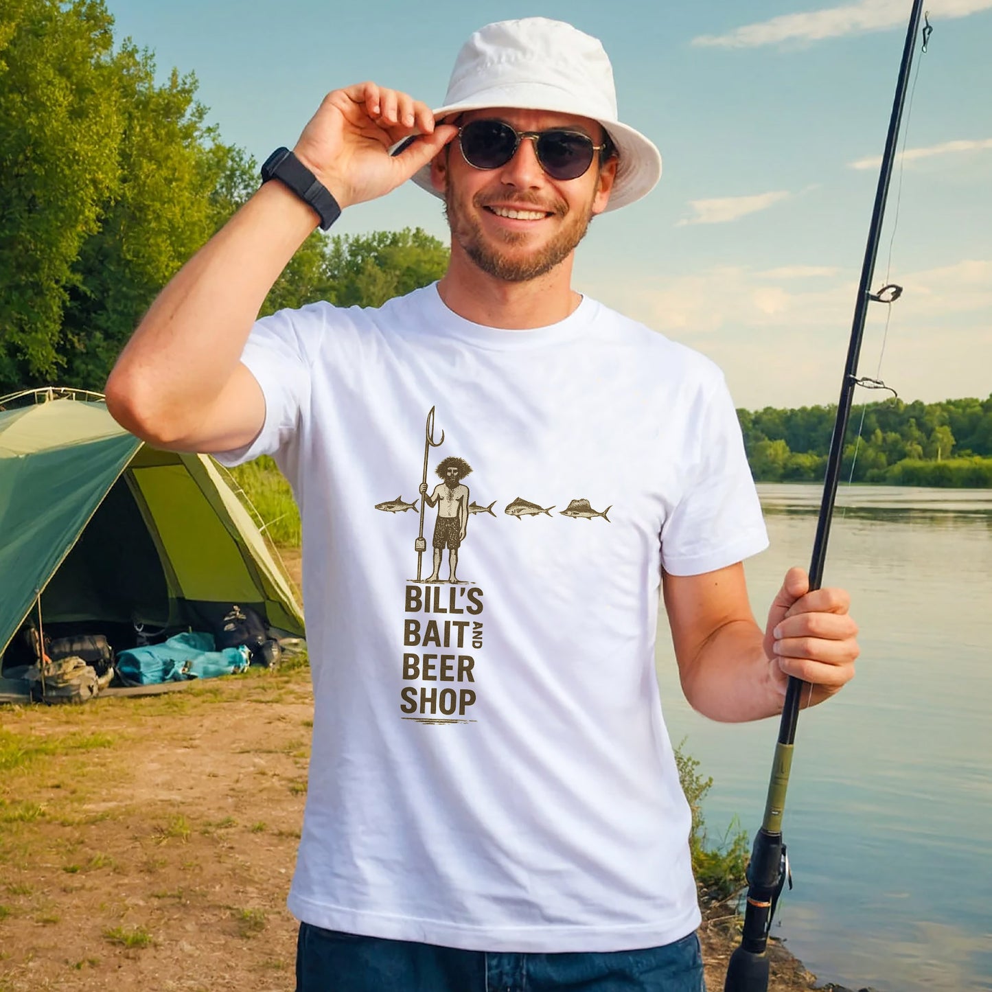 Bill's Bait and Beer Shop Shirt – Funny Fishing Tee – Fisherman Humor Gift – White – Up To 5XL