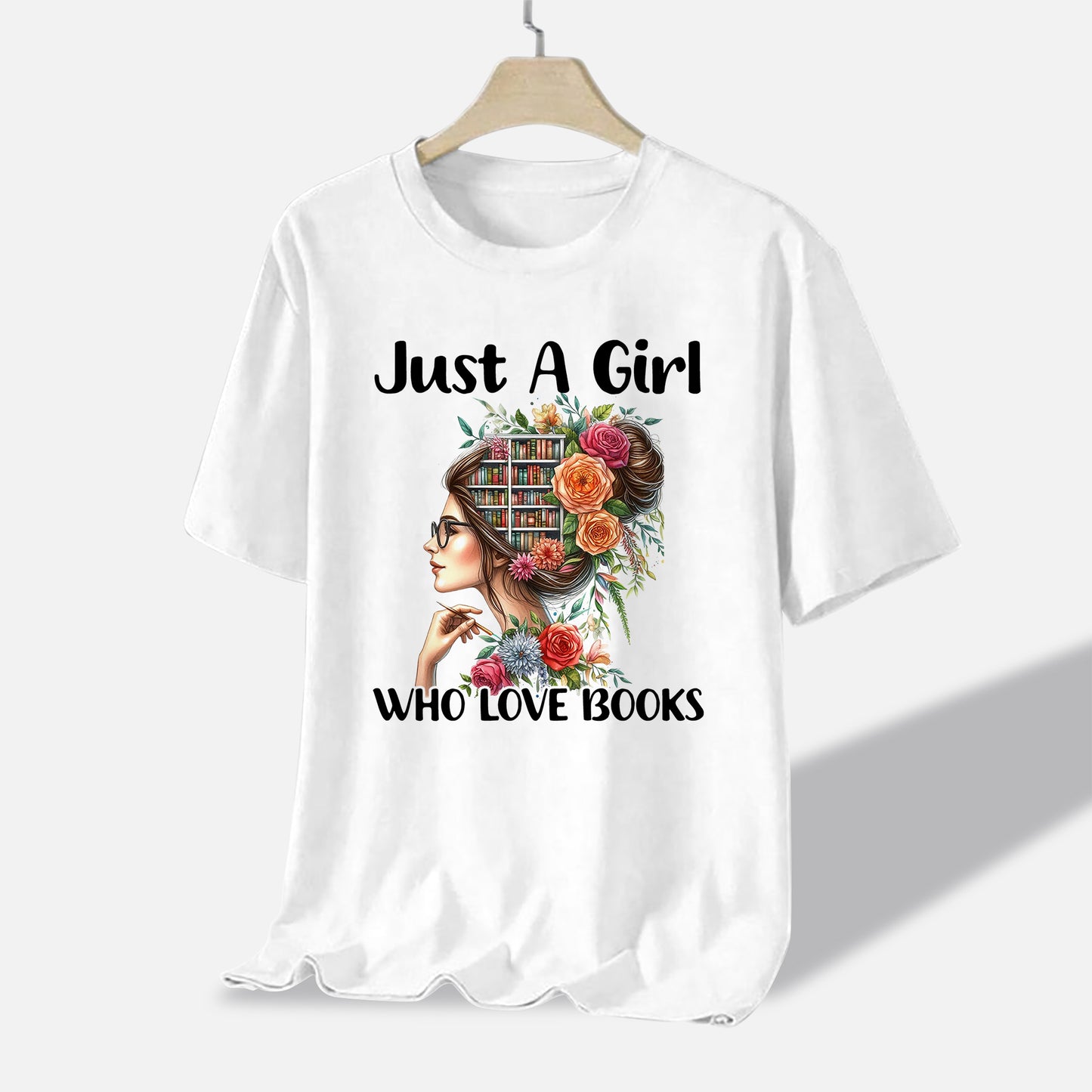 Reading Shirt – Just A Girl Who Loves Books Tee – Book Lover Gift for Women – Bookworm Aesthetic – White – Up To 5XL