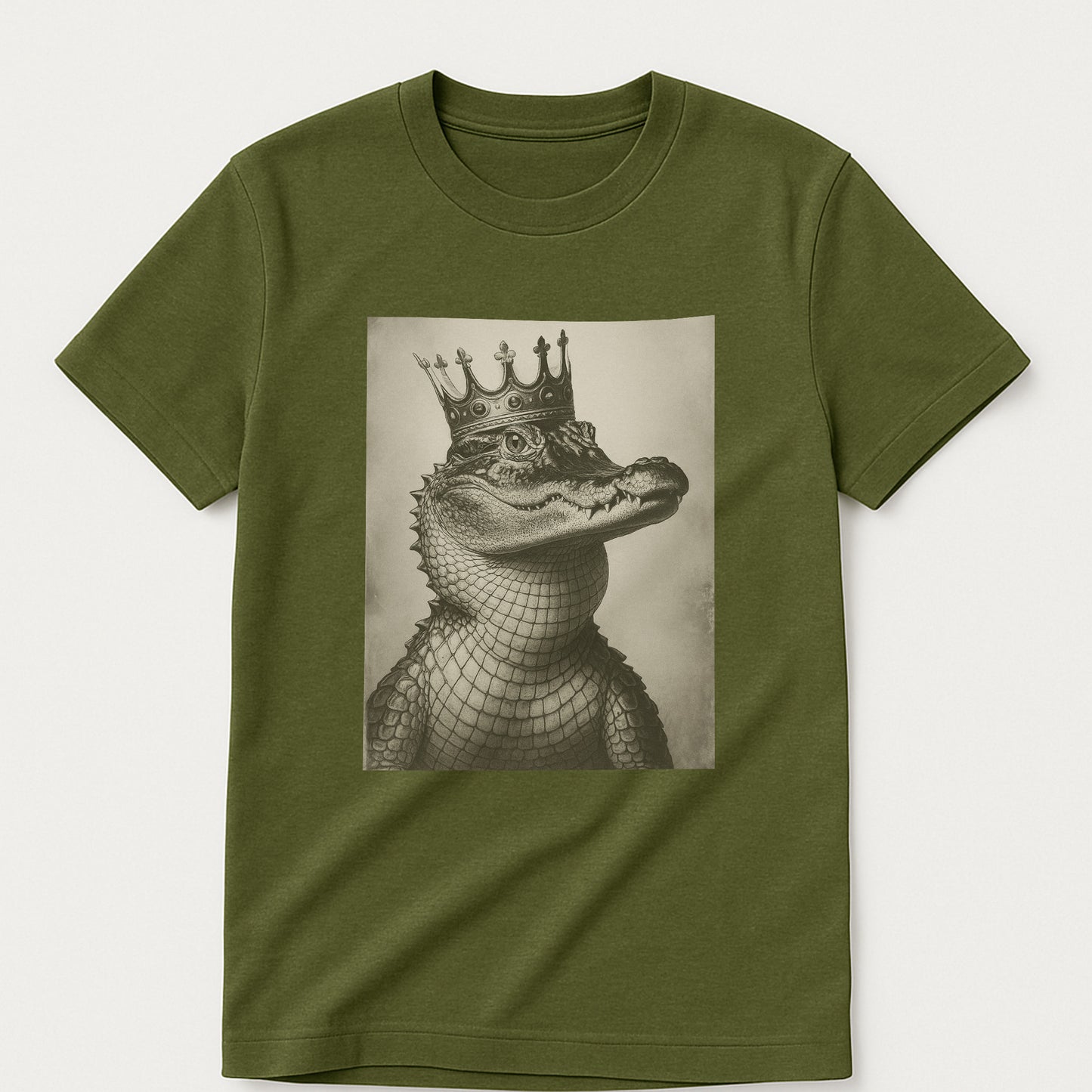 Croc King T-Shirt – Funny Royal Alligator Tee - Military Green - Up To 5XL