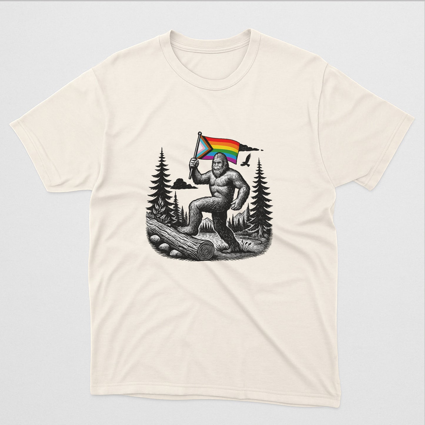 Bigfoot Pride Flag T-Shirt – Funny LGBTQ Sasquatch Gay Tee – Natural - Up To 5XL
