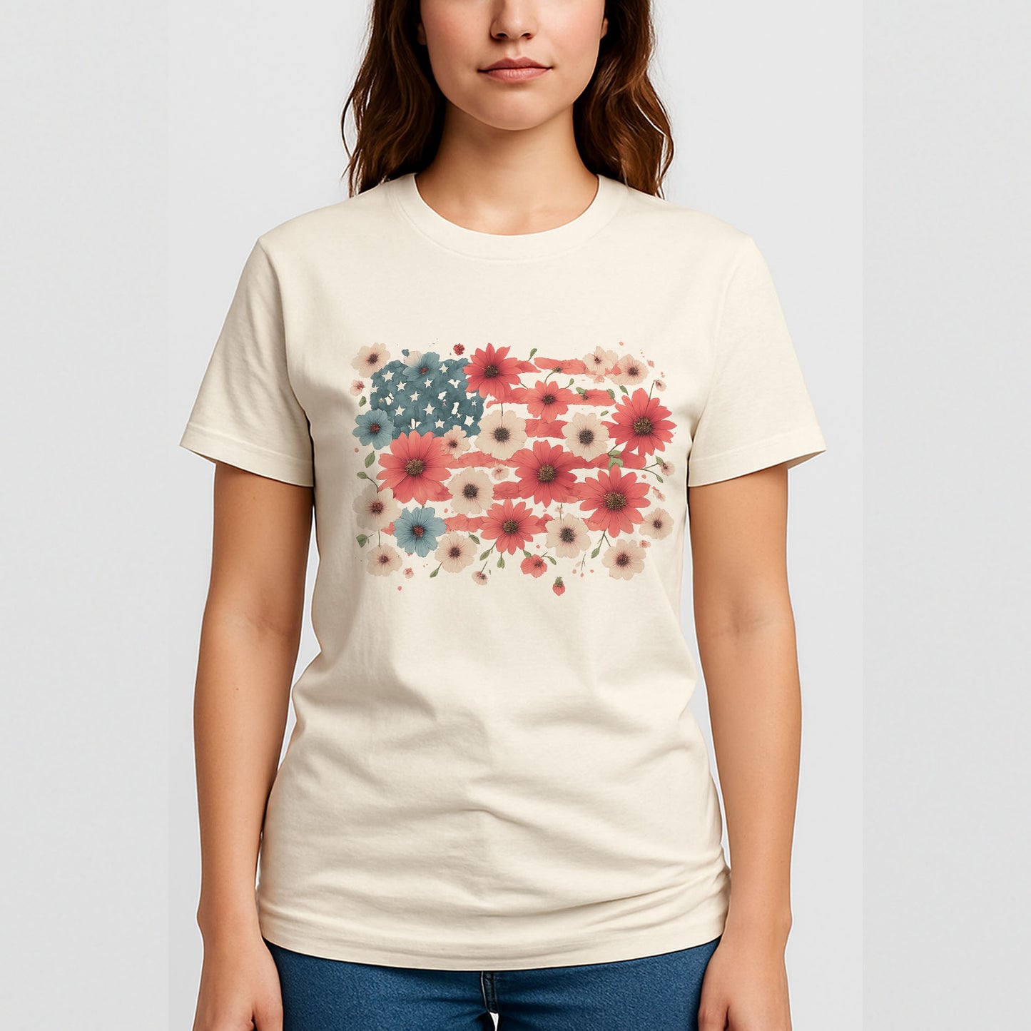 Floral American Flag Shirt – Boho Happy 4th of July Patriotic T-Shirt – Natural Tee - Up To 5X