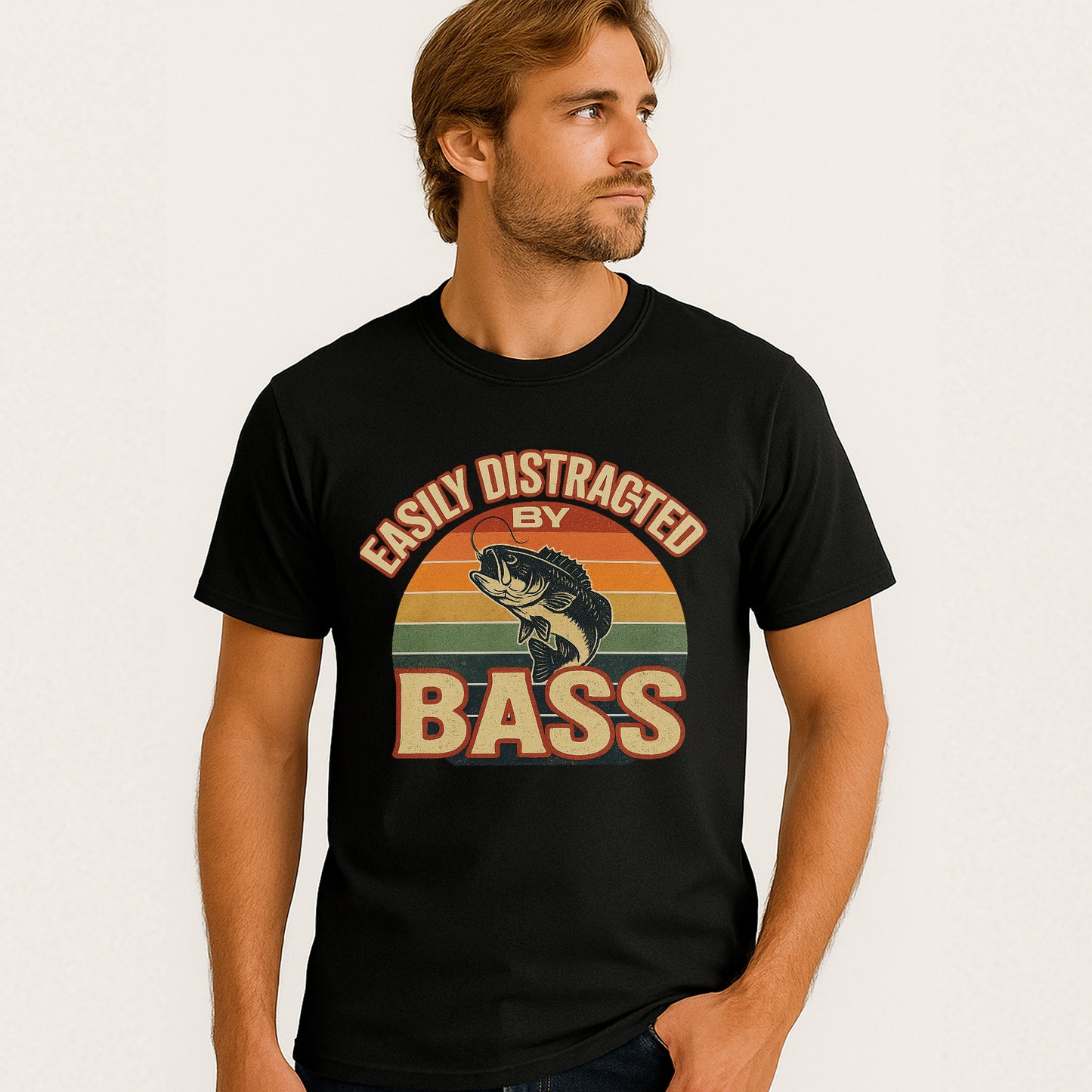 Easily Distracted By Bass T-Shirt – Funny Fishing Tee For Anglers - Black - Up To 5XL