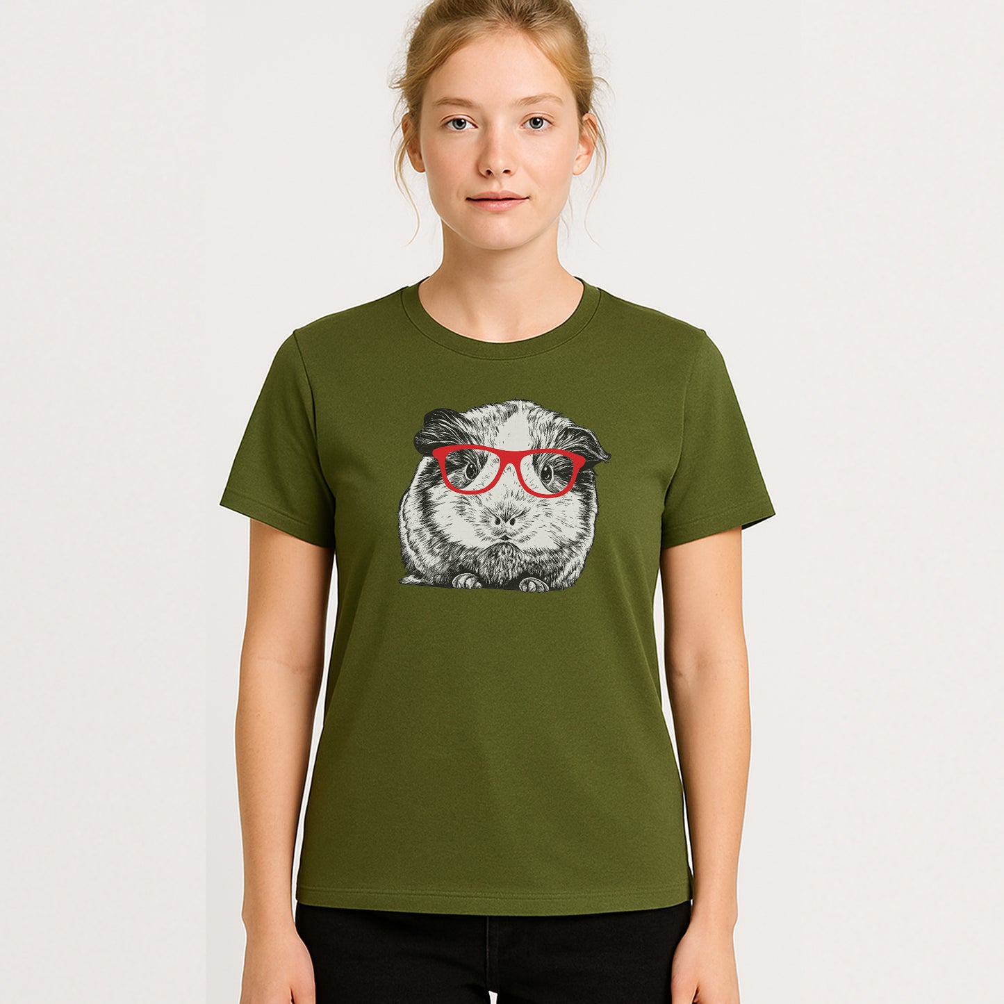 Guinea Pig With Glasses Funny Shirt – Cute Nerdy Pet Tee For Animal Lovers - Military Green- Up To 5XL