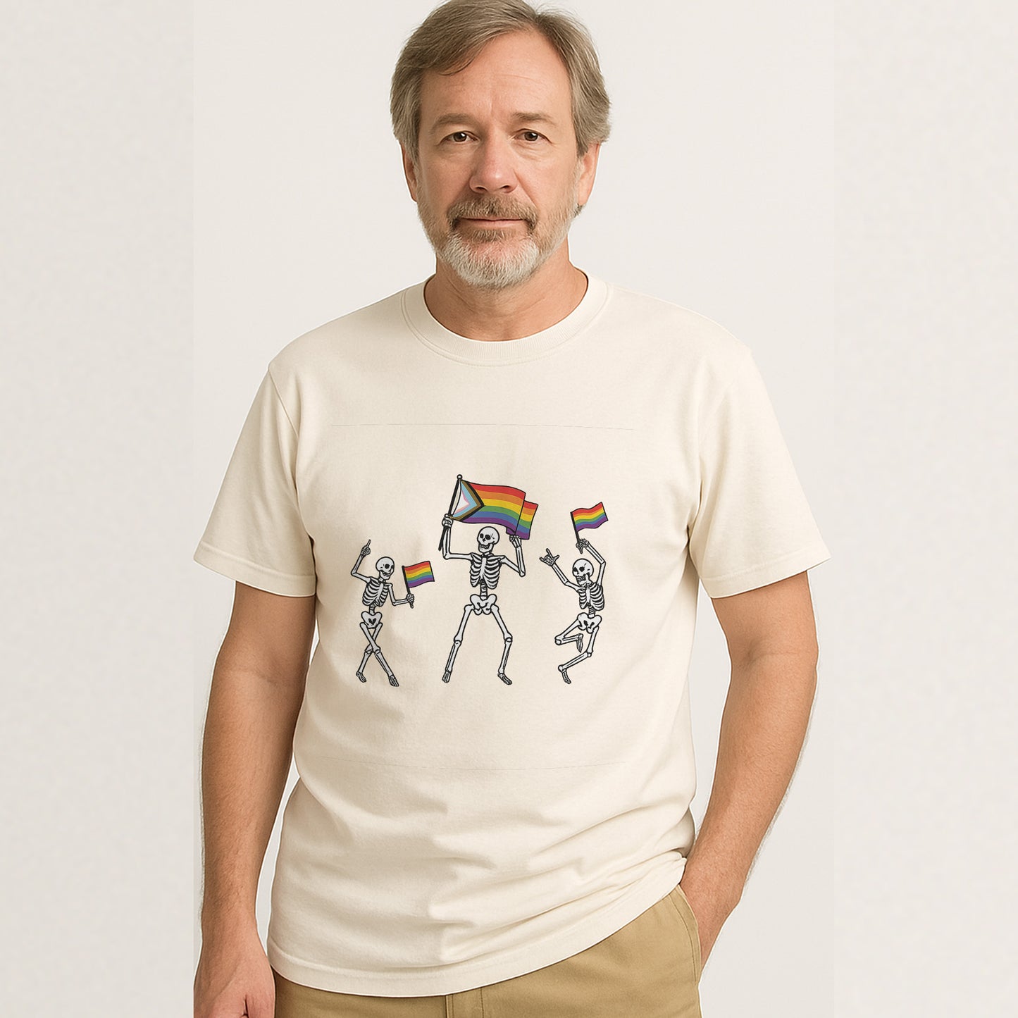 Dancing Skeleton Pride Month T-Shirt – Funny LGBTQ Pride Mens Shirts – Natural - Up To 5XL