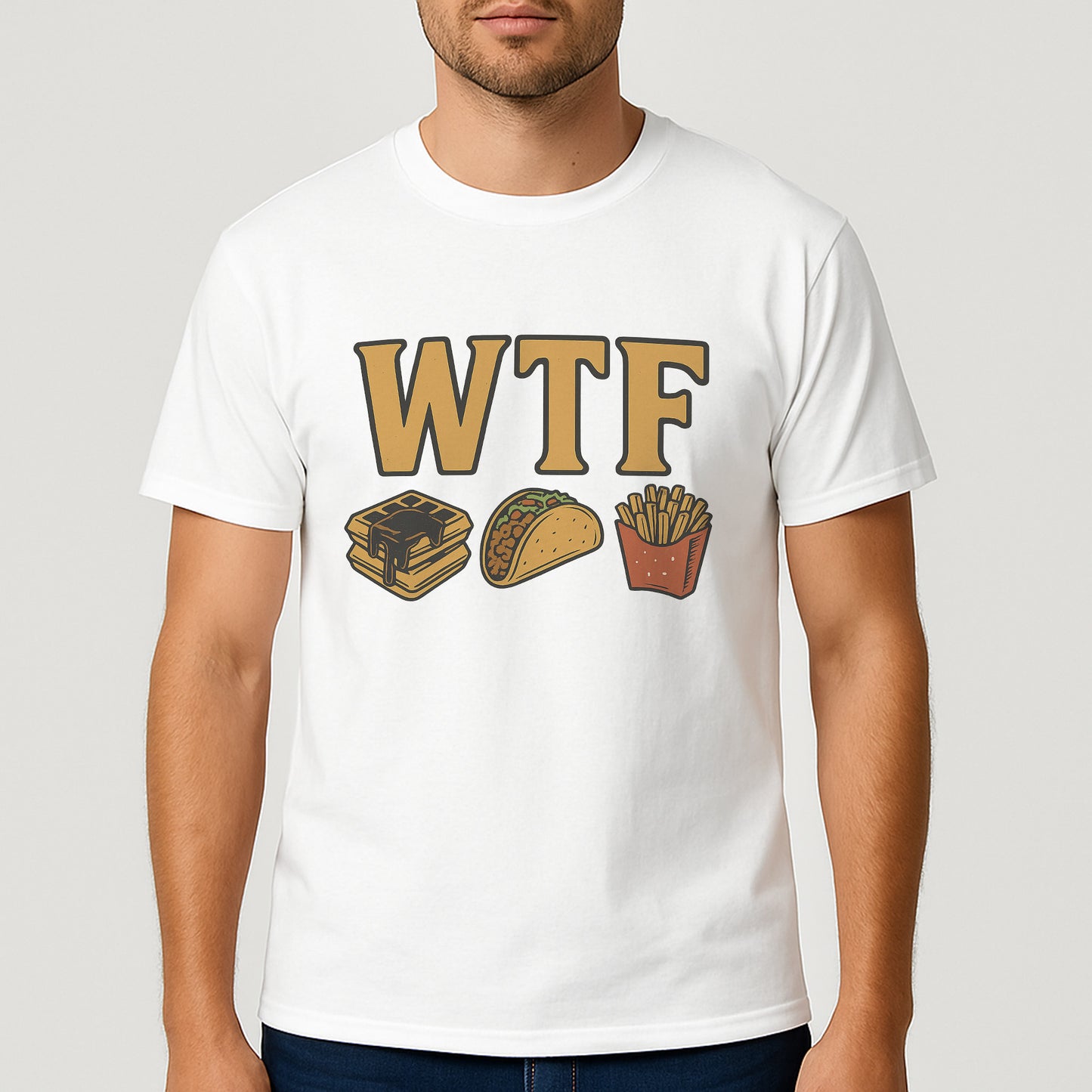 WTF Waffles Tacos Fries Funny Food T-Shirt - Trendy White Tee for Food Lovers - White - Up To 5XL
