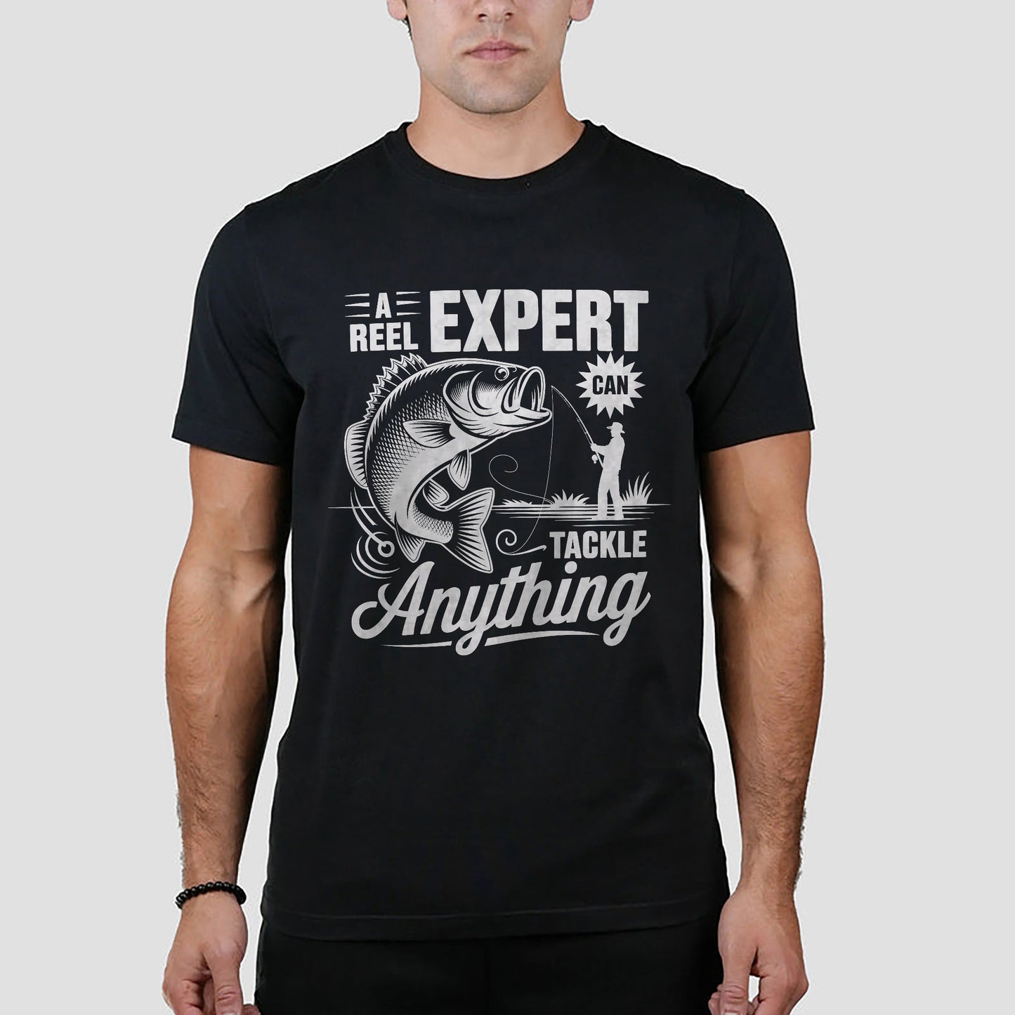 Fishing Bass Shirt - A Reel Expert Can Tackle Anything Graphic Tee - Funny Fisherman Gift– Black – Up To 5XL