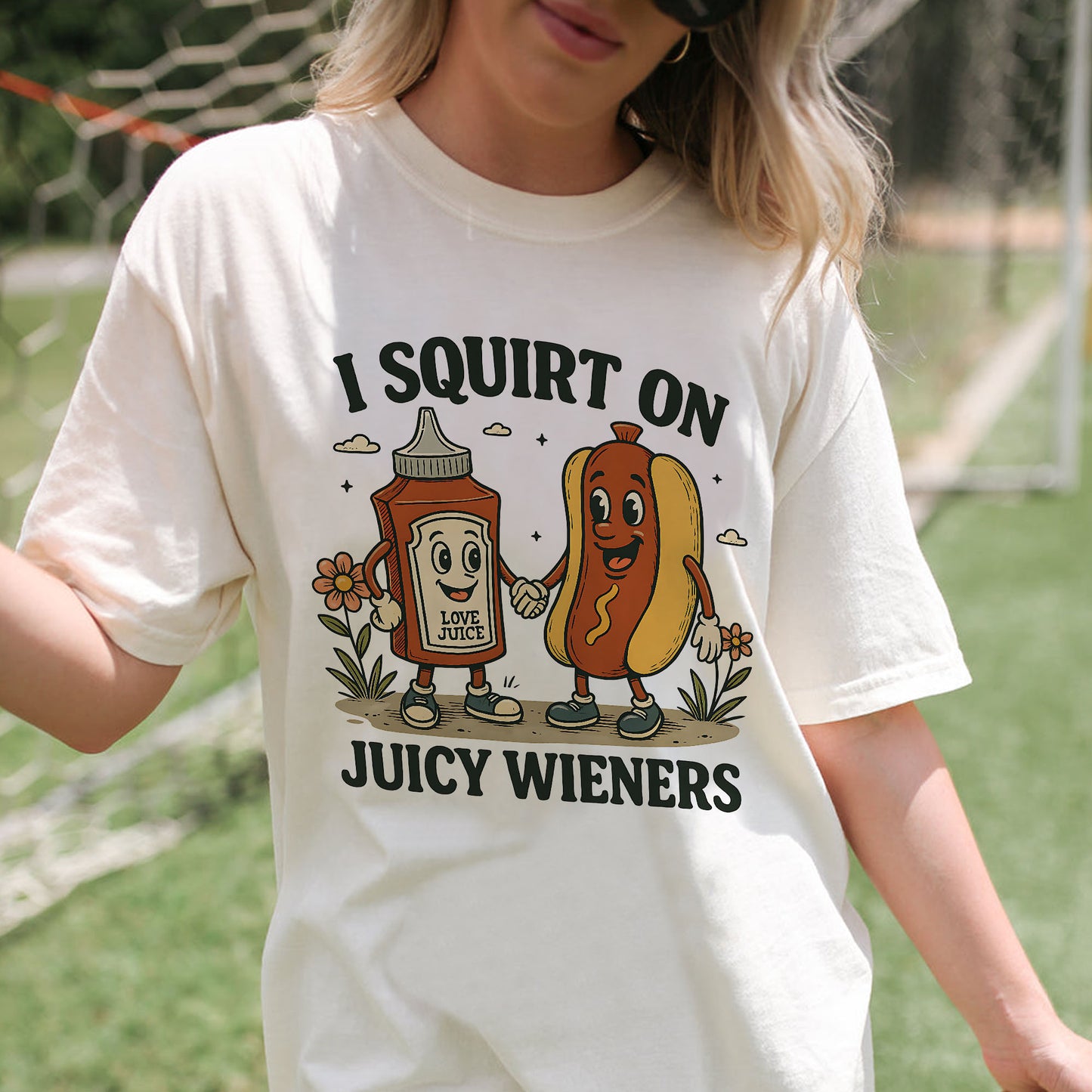 Inappropriate T-Shirt – Funny Hot Dog Sauce Joke Shirt – Juicy Wieners Graphic Tee - Natural - Up To 5XL