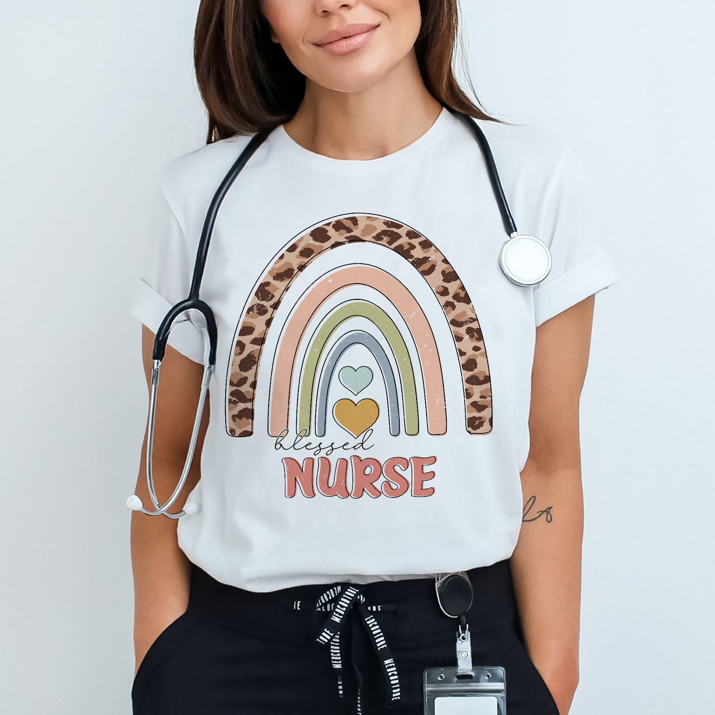 Nurse Shirt – Blessed Nurse Rainbow Tee – Cute Leopard Design Shirt For Nursing - White - Up To 5XL