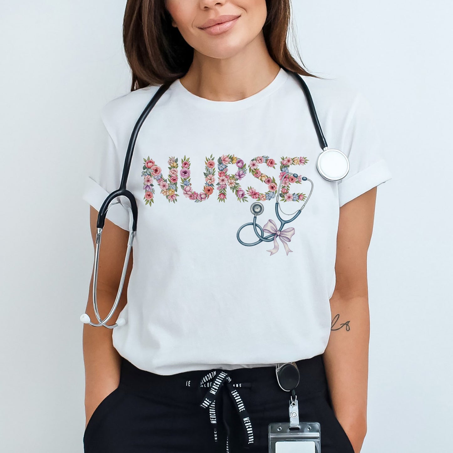 Floral Nurse Shirt with Stethoscope Bow – Cute RN Tee - White - Up To 5XL