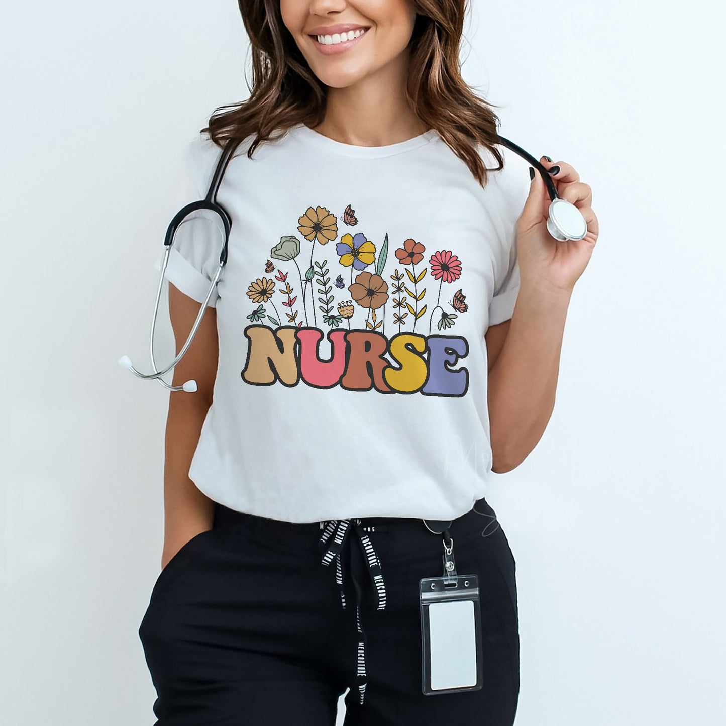 Funny Tees For Nurse - Floral Vintage Profession - Inspired Graphic Tee - White - Up To 5XL