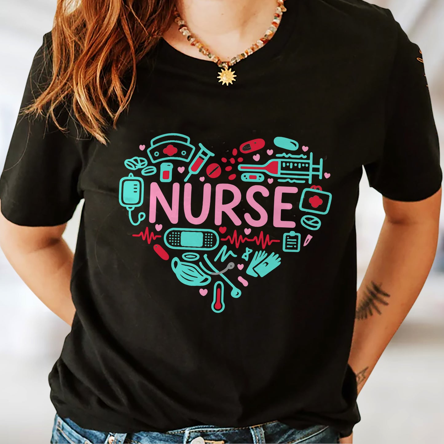 Nurse Heart T-Shirt - Funny Tees For CNA Nurse-Black - Up To 5XL
