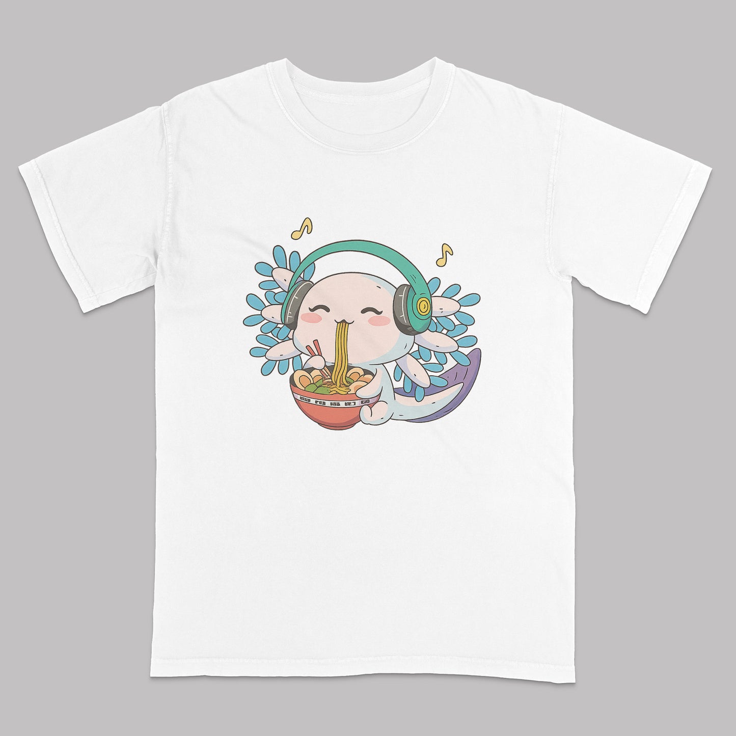 Cute Axolotl Eating Ramen T-Shirt – Funny Kawaii Noodle Lover Lofi Anime Tee - White - Up To 5XL