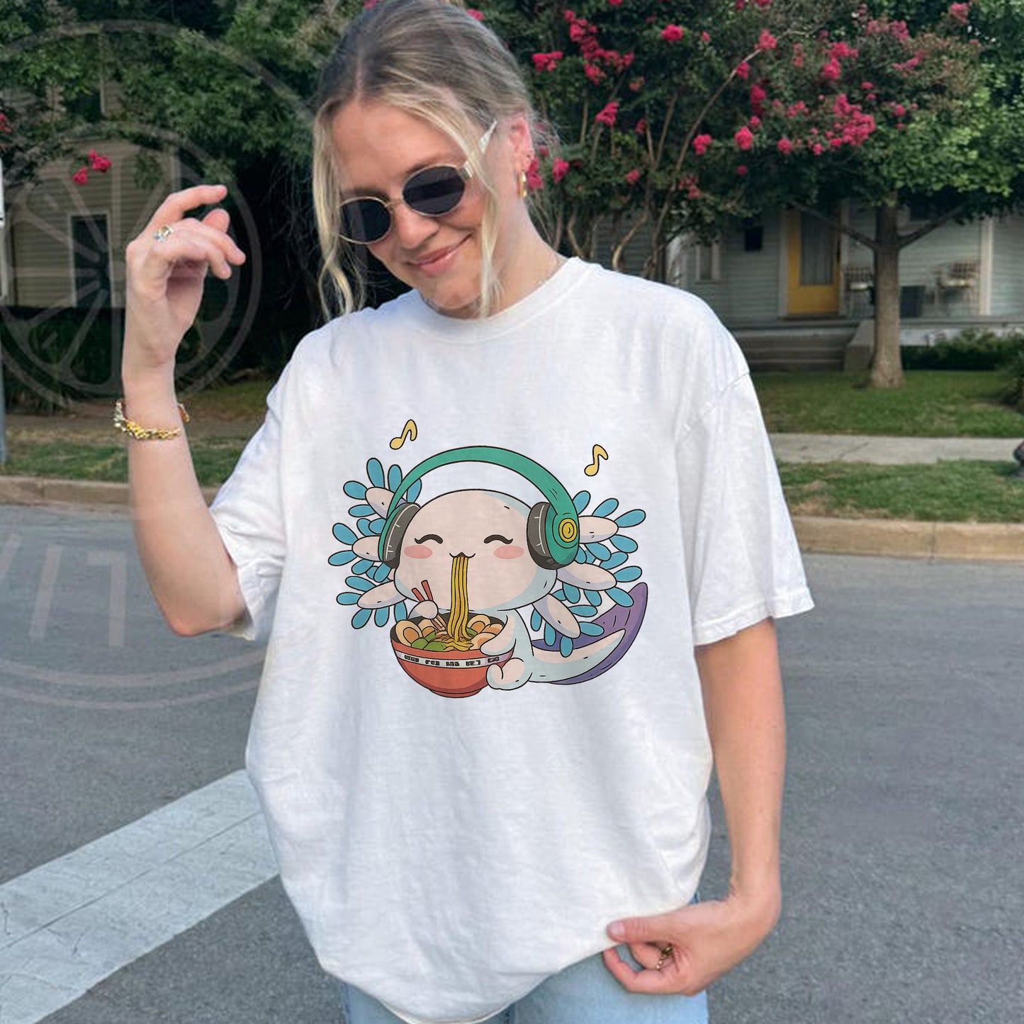 Cute Axolotl Eating Ramen T-Shirt – Funny Kawaii Noodle Lover Lofi Anime Tee - White - Up To 5XL