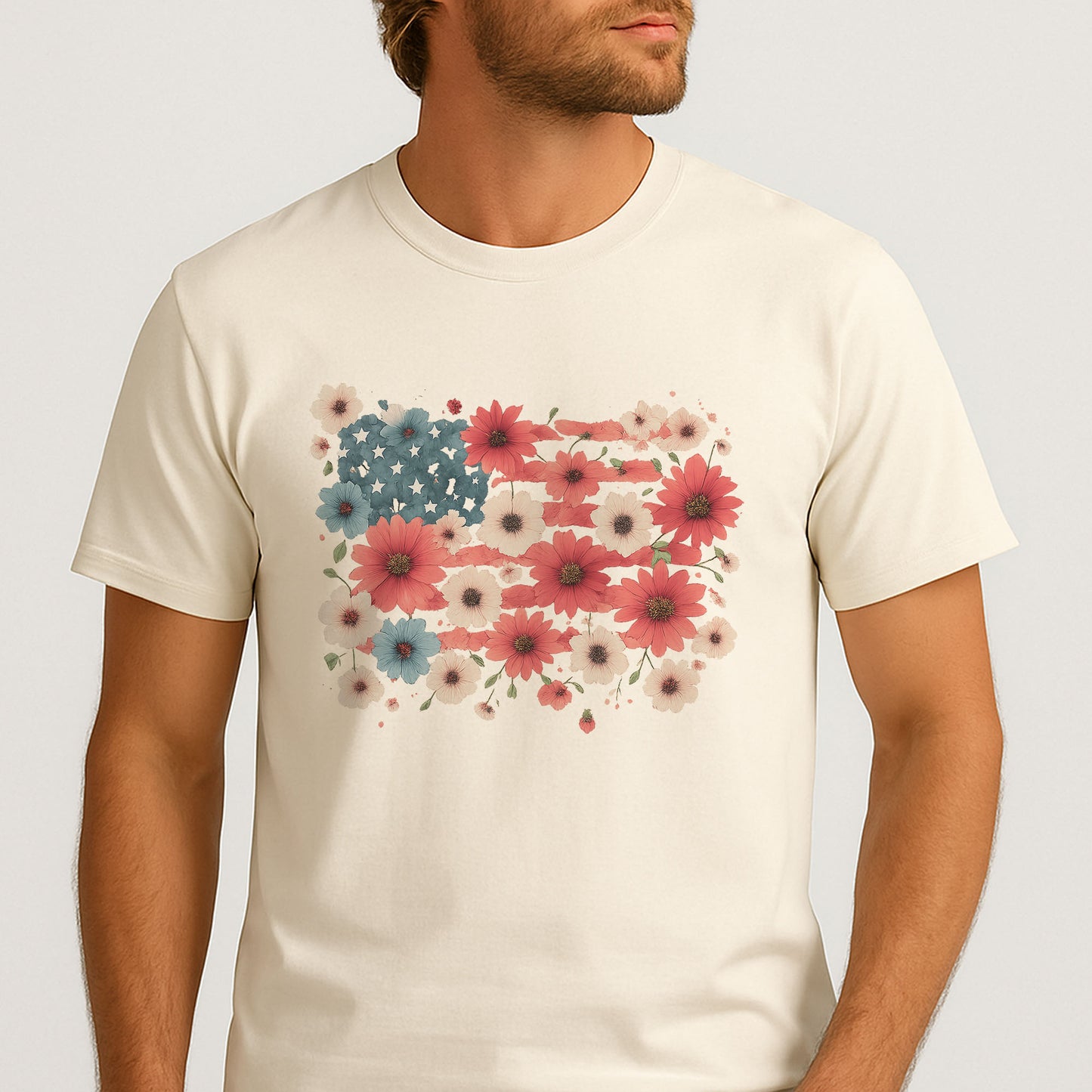 Floral American Flag Shirt – Boho Happy 4th of July Patriotic T-Shirt – Natural Tee - Up To 5X