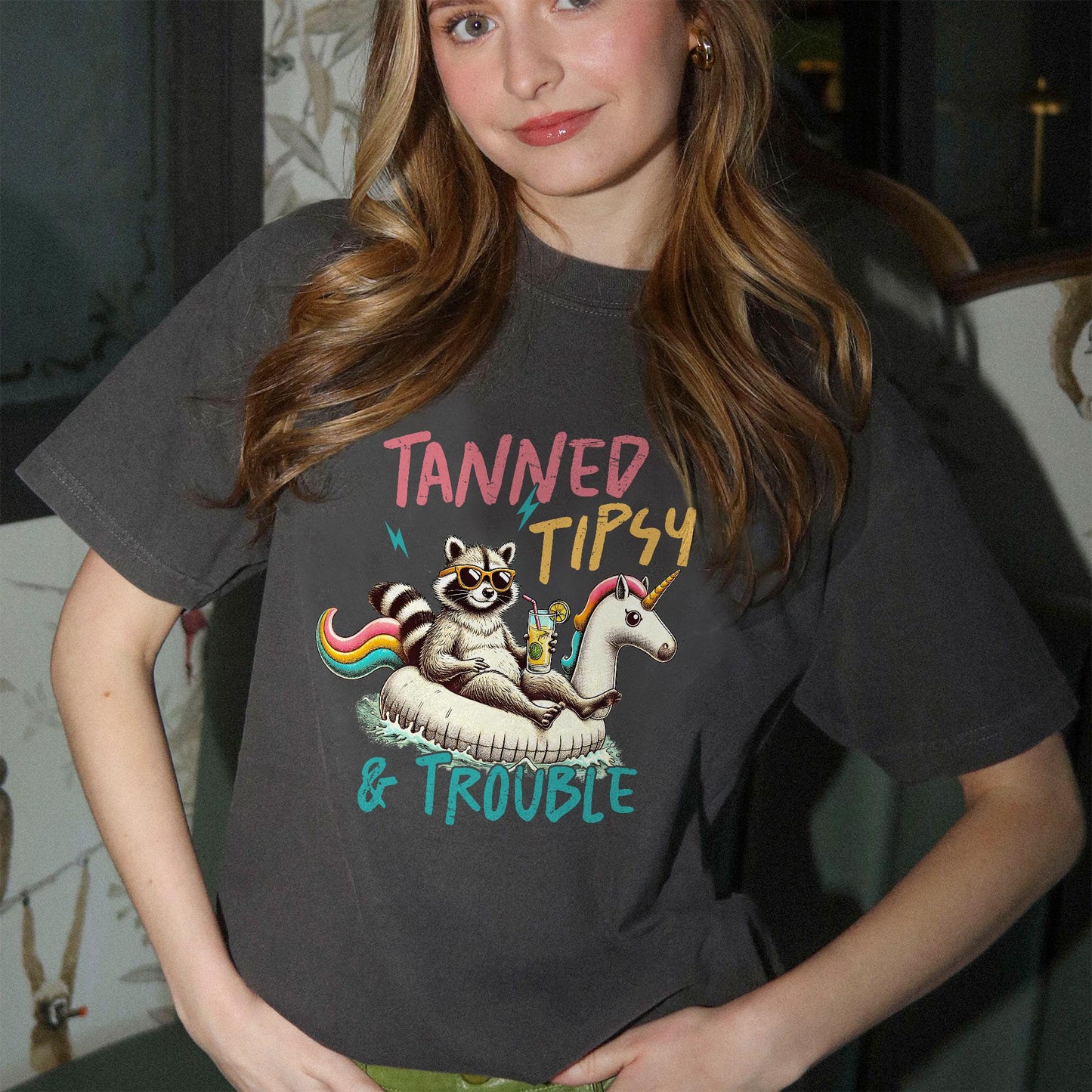 Summer Party Shirt – Tanned Tipsy and Trouble – Funny Raccoon Meme Beach Tee – Black – Up To 5XL