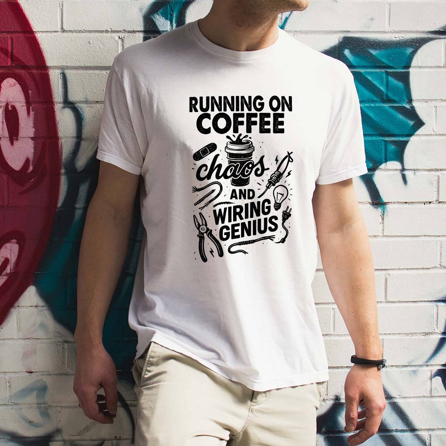 Funny Work Shirt – Running on Coffee, Chaos and Wiring Genius – Nerdy Tech Quote Tee –White – Up To 5XL