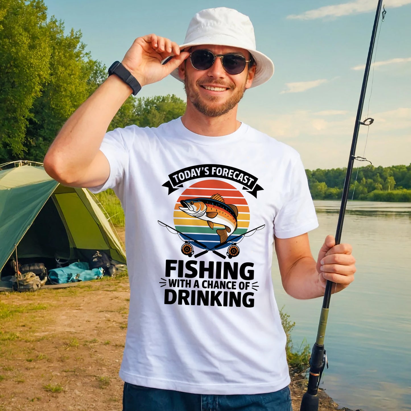 Vintage Outdoor Shirt – Today’s Forecast Fishing with a Chance of Drinking Tee – Funny Angler Gift – White – Up To 5XL