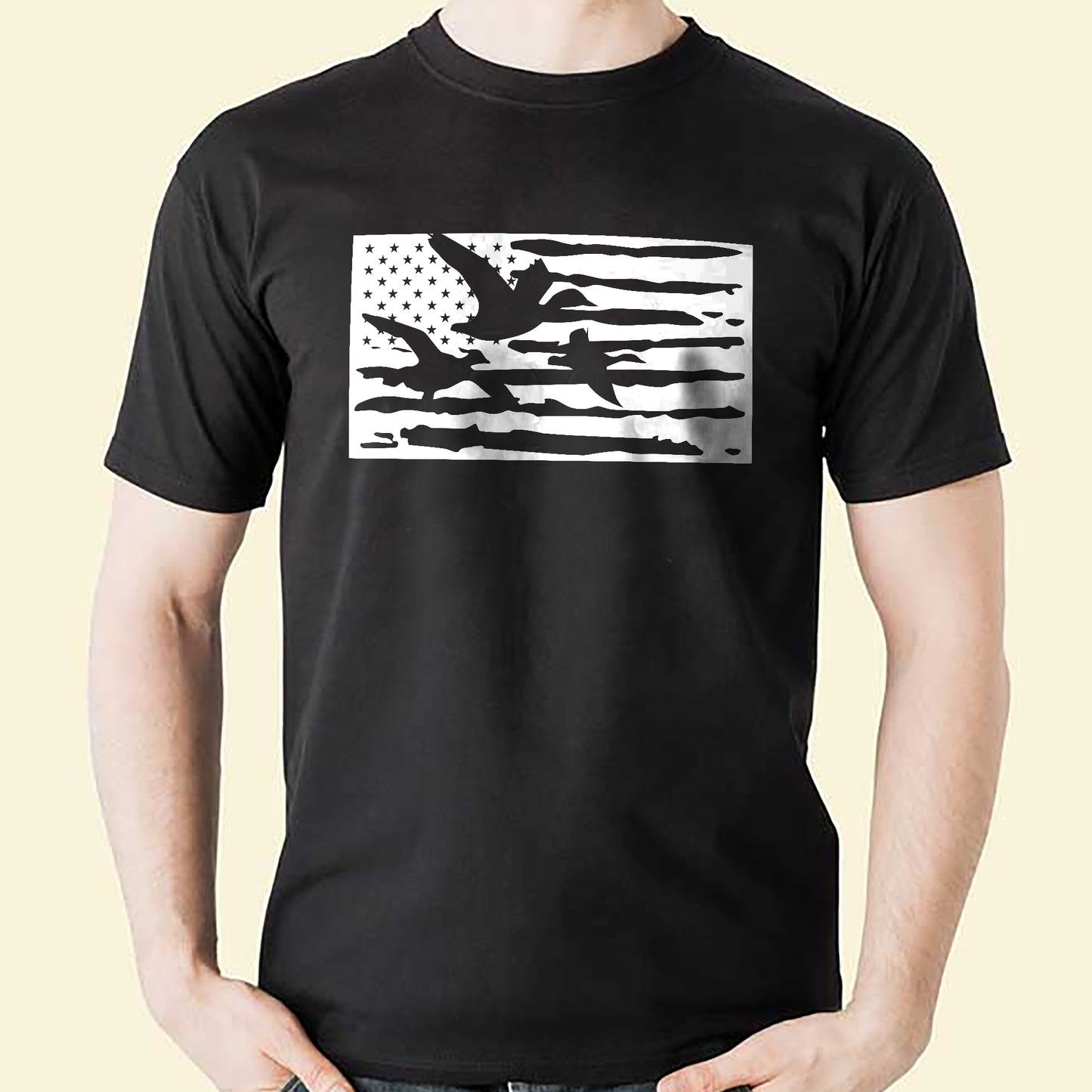 Patriotic Hunting Shirt – Duck Hunting with US Flag – American Outdoorsman Tee – Black – Up To 5XL