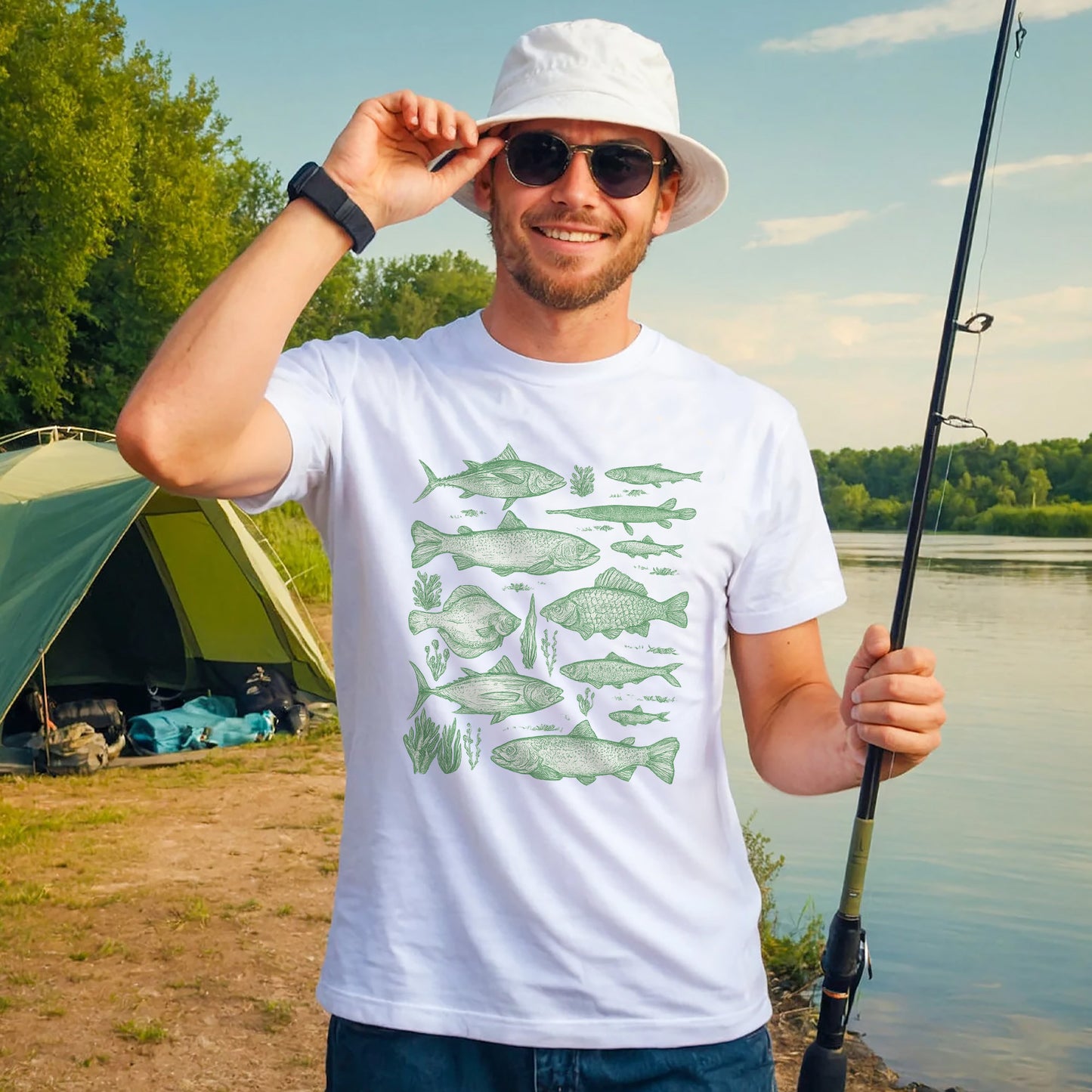 Fishing Tee – Freshwater Fishes Species Guide Shirt – Angler Graphic Educational Shirt – White – Up To 5XL