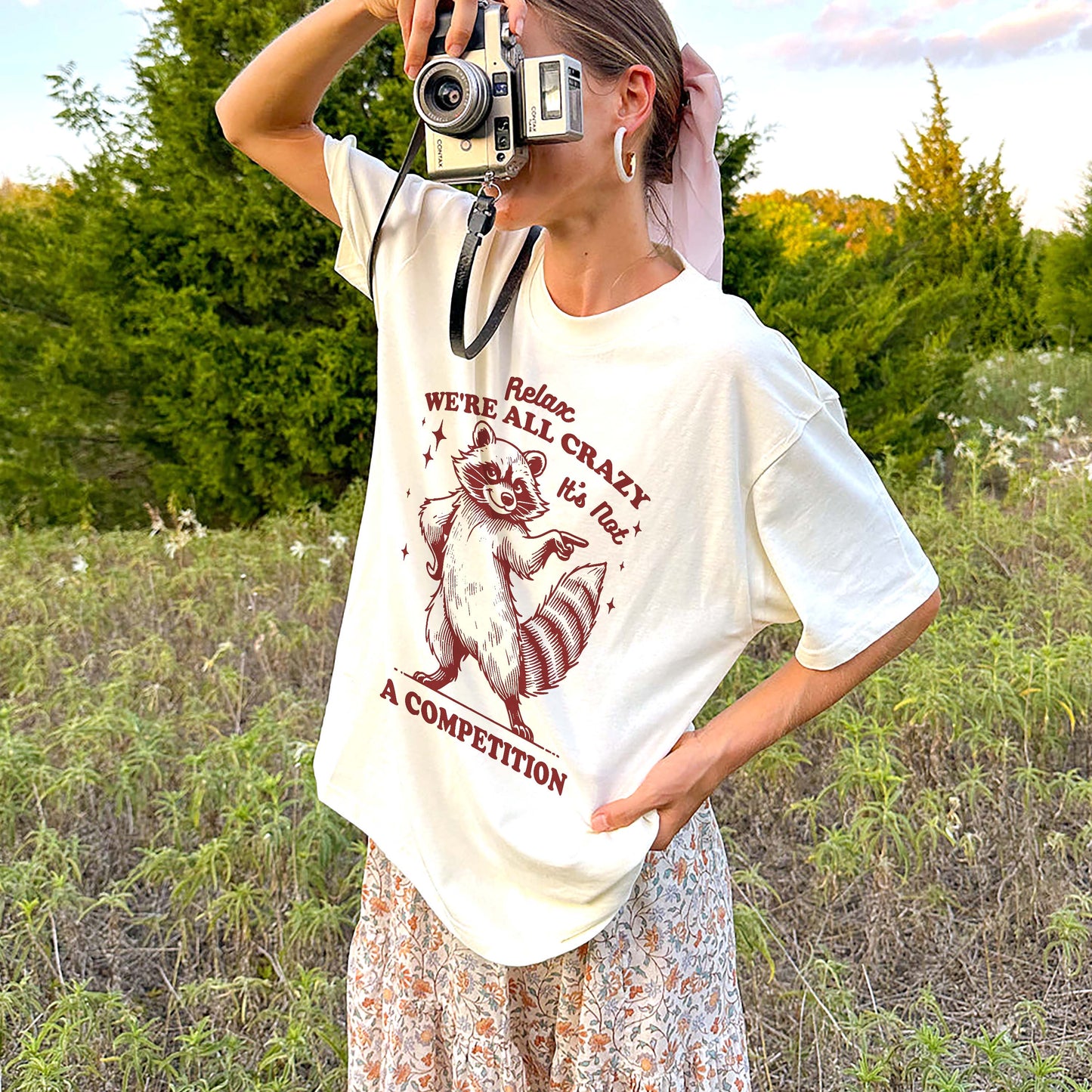 Vintage Sarcastic Humor Shirt for Women – We’re All Crazy Raccoon Tee – Natural - Up To 5XL