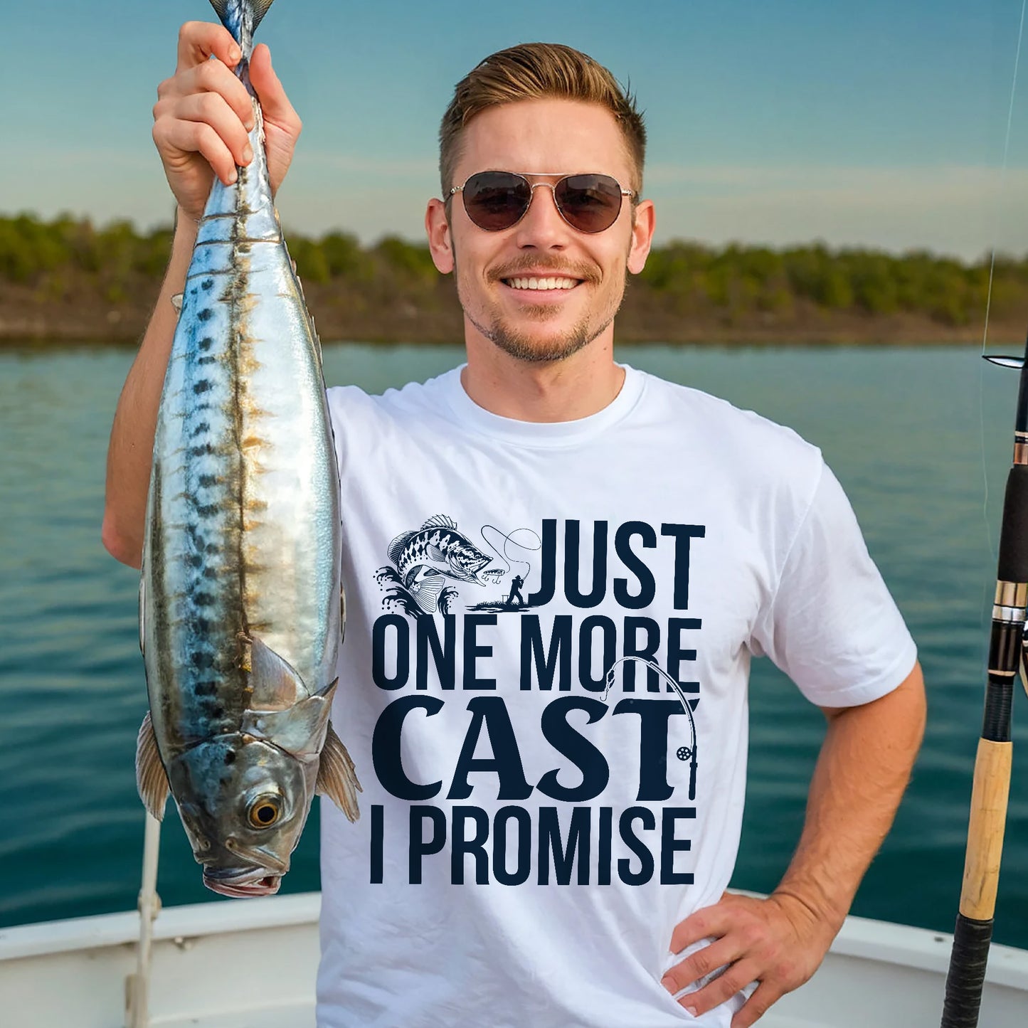 Fishing Addict Shirt – Just One More Cast I Promise Tee – Funny Fisherman Gift – White – Up To 5XL