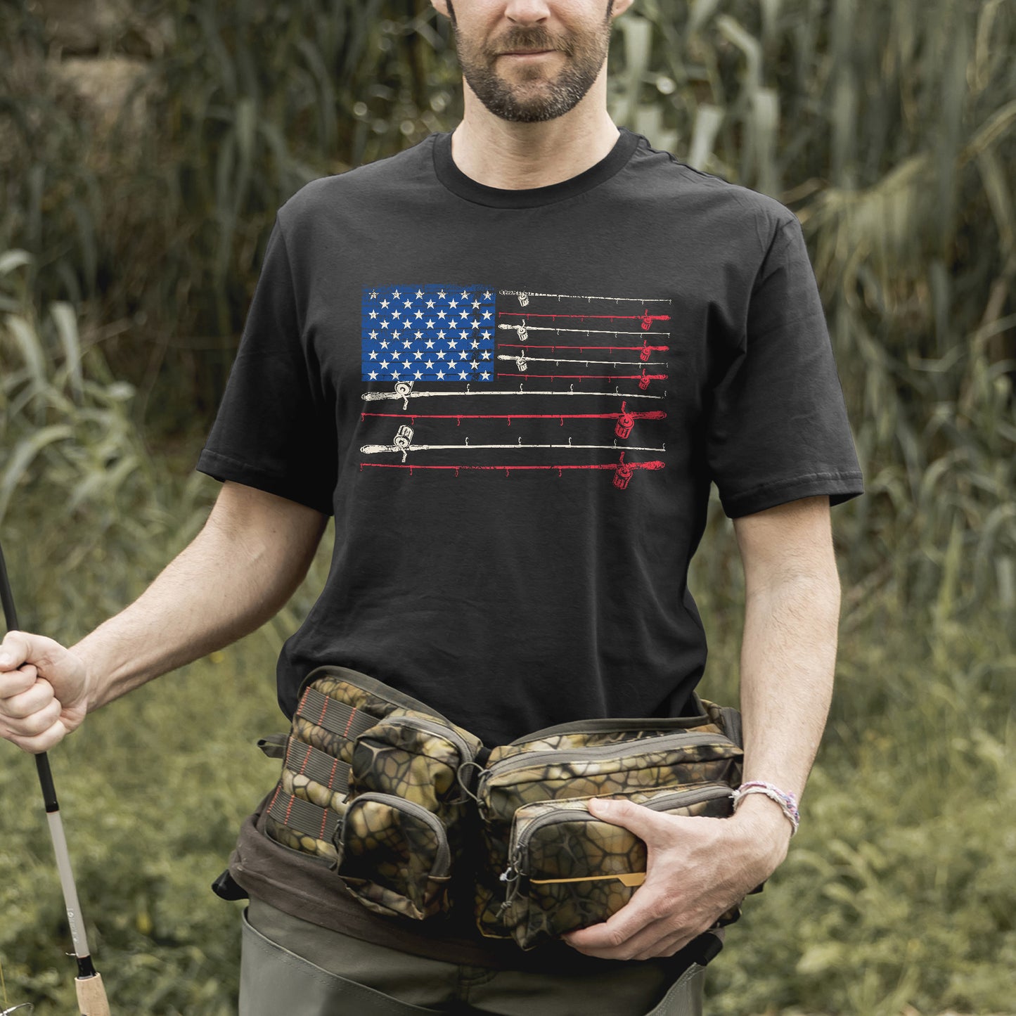 Patriotic Fishing Shirt – Fishing Rods American Flag Tee – USA Angler Graphic – Black – Up To 5XL