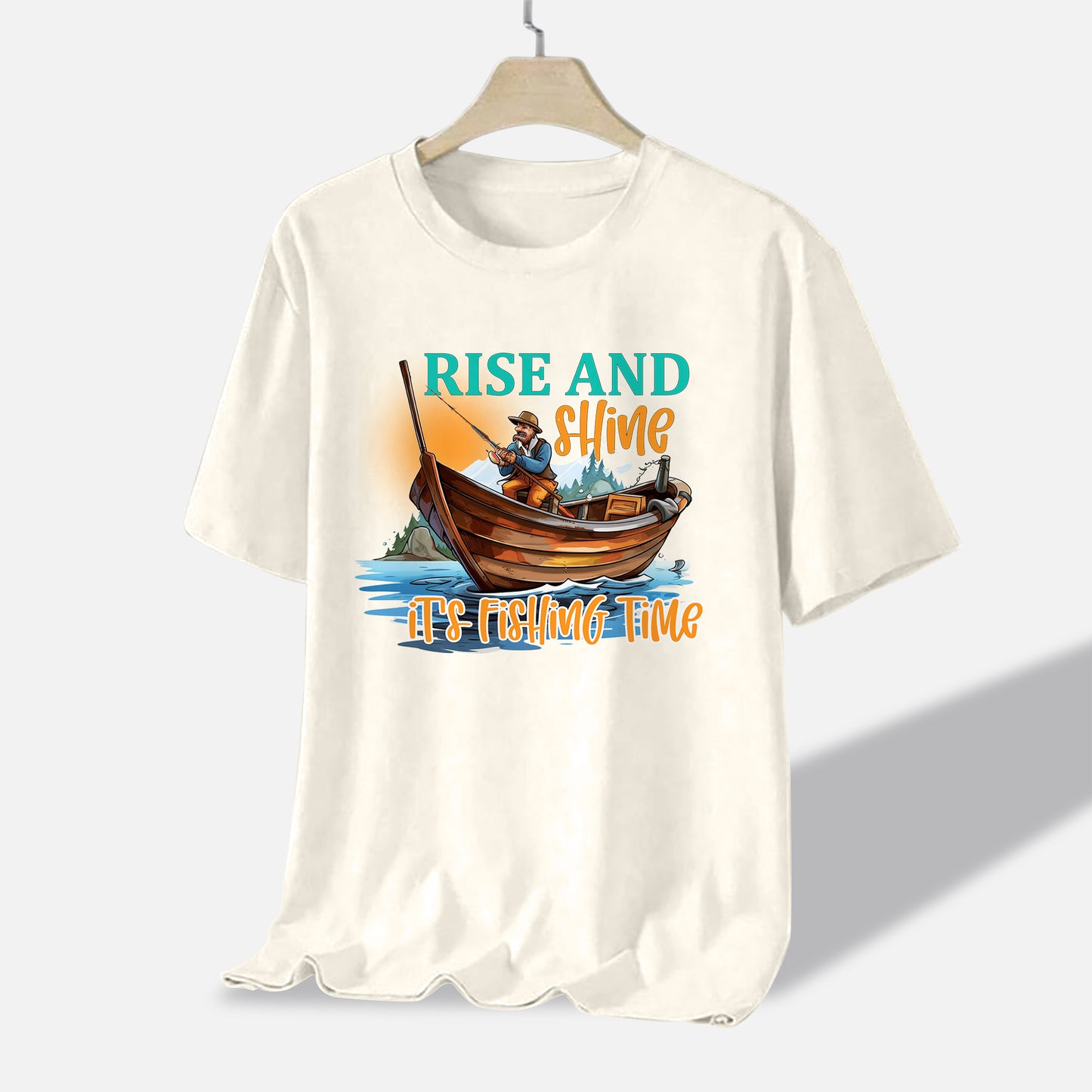 Funny Angler Graphic – Rise and Shine It’s Fishing Time Tee – Natural – Up To 5XL
