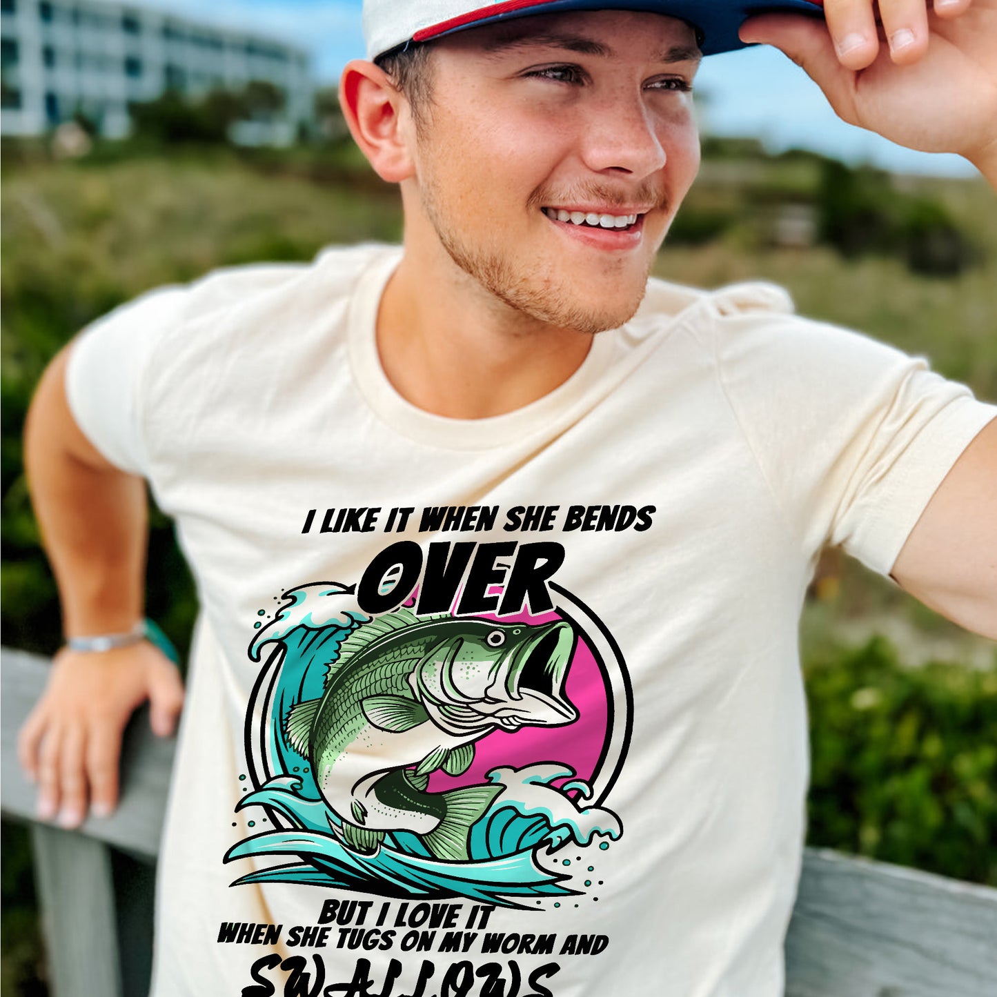 Adult Humor Fishing Shirt – I Like When She Bends Over Worm Tug Joke Tee – Dirty Fisherman Shirt – Natural – Up To 5XL
