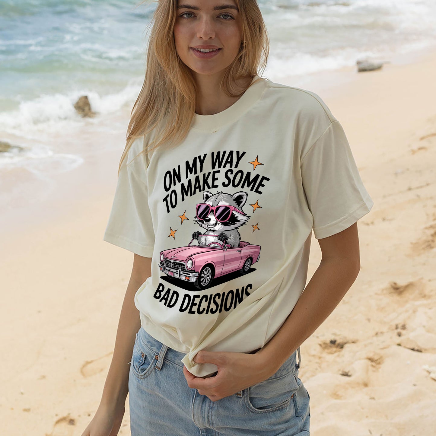 Funny Raccoon Shirt – On My Way to Make Some Bad Decisions Tee – Drunk Humor Aesthetic T-Shirt - Natural - Up To 5XL