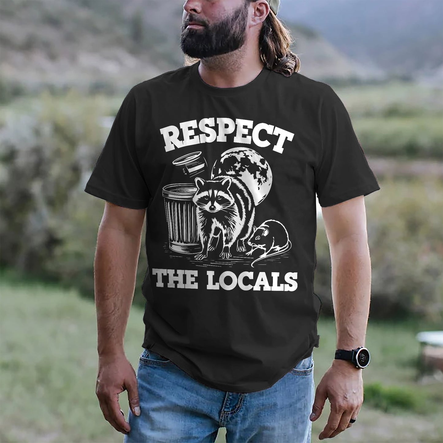 Funny Animal Shirt – Respect The Locals Raccoon Design – Trash Panda Tee- Black- Up To 5XL