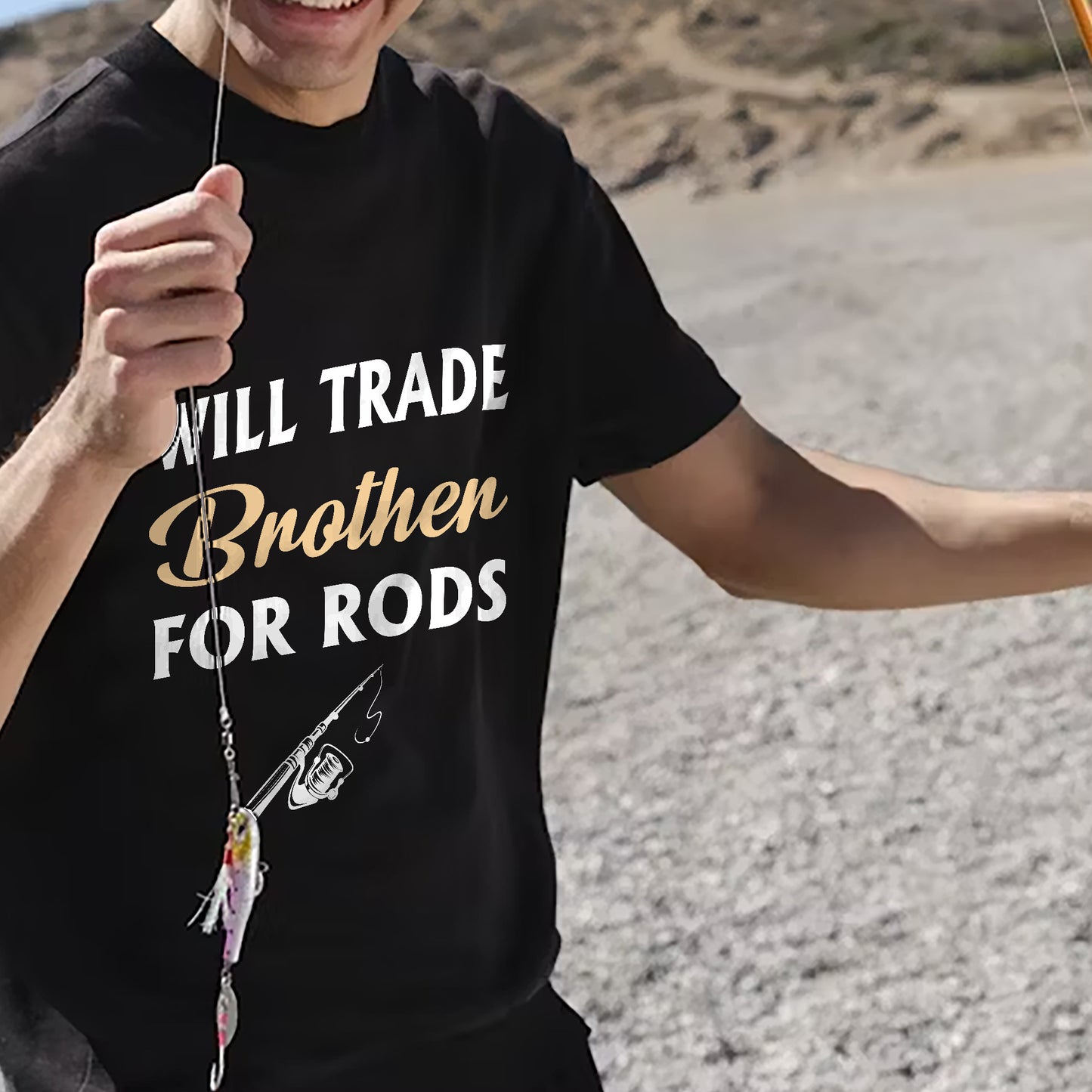 Funny Fishing Shirt – Will Trade Brother For Rods Tee – Fisherman Humor Graphic Shirt – Black – Up To 5XL