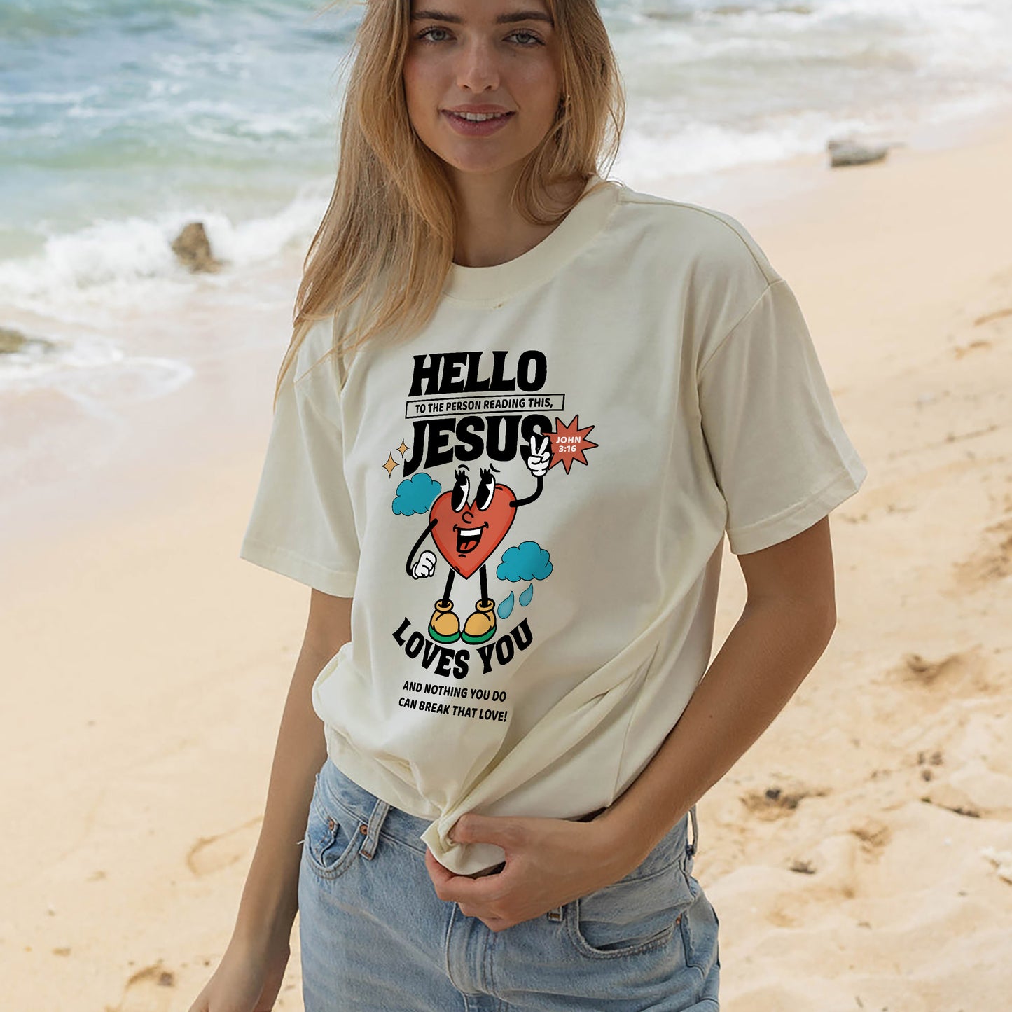 Christian Kindness Shirt – Hello to the Person Reading This Jesus Loves You – Faith Encouragement Tee – Natural – Up To 5XL