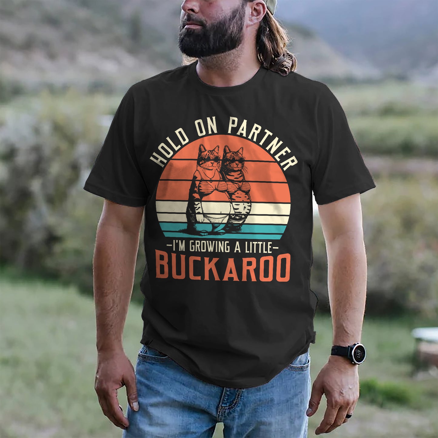 Funny Cat Shirt – Hold On Partner I’m Growing a Buckaroo - Black- Up To 5XL