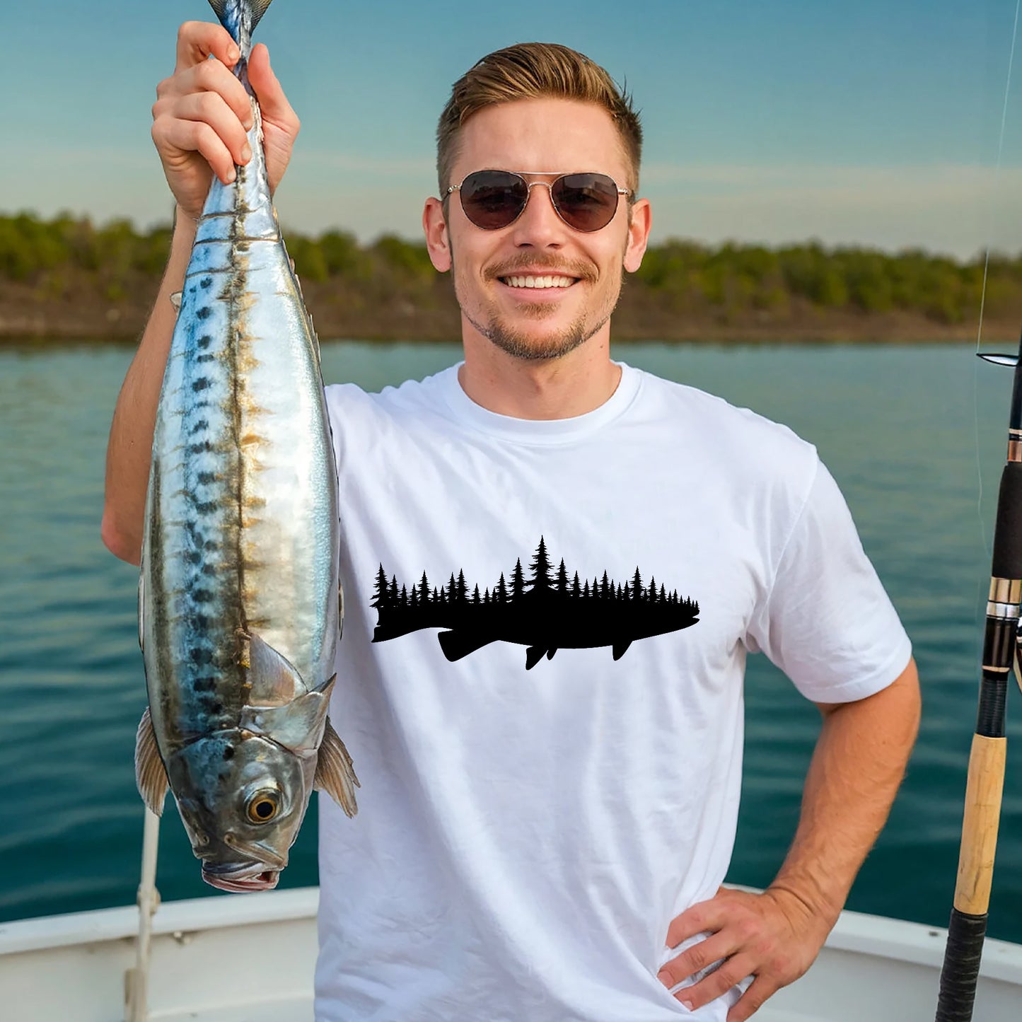 Outdoor Nature Shirt – Fish and Forest – Vintage Wilderness Hiking Tee – White – Up To 5XL