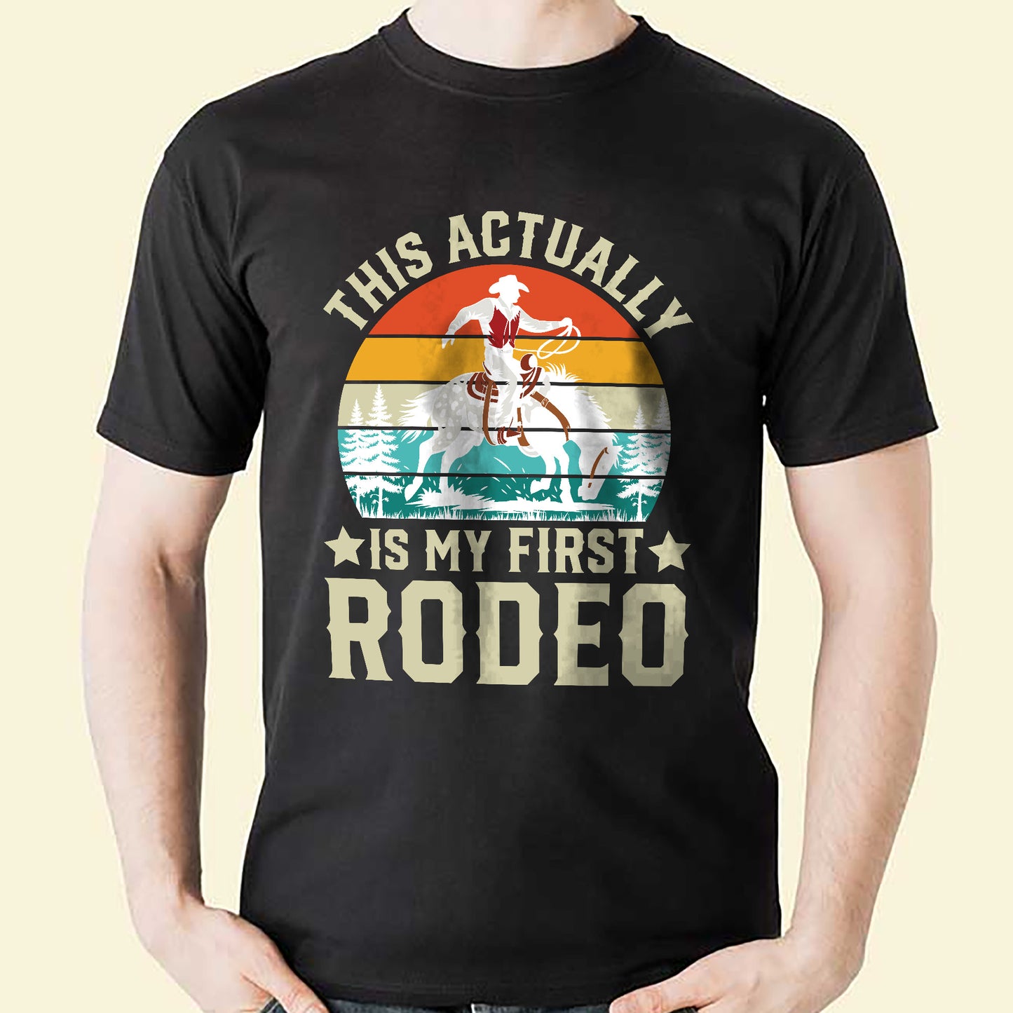 Retro Western Shirt – This Actually Is My First Rodeo – Funny Cowboy Vintage Tee – Black – Up To 5XL