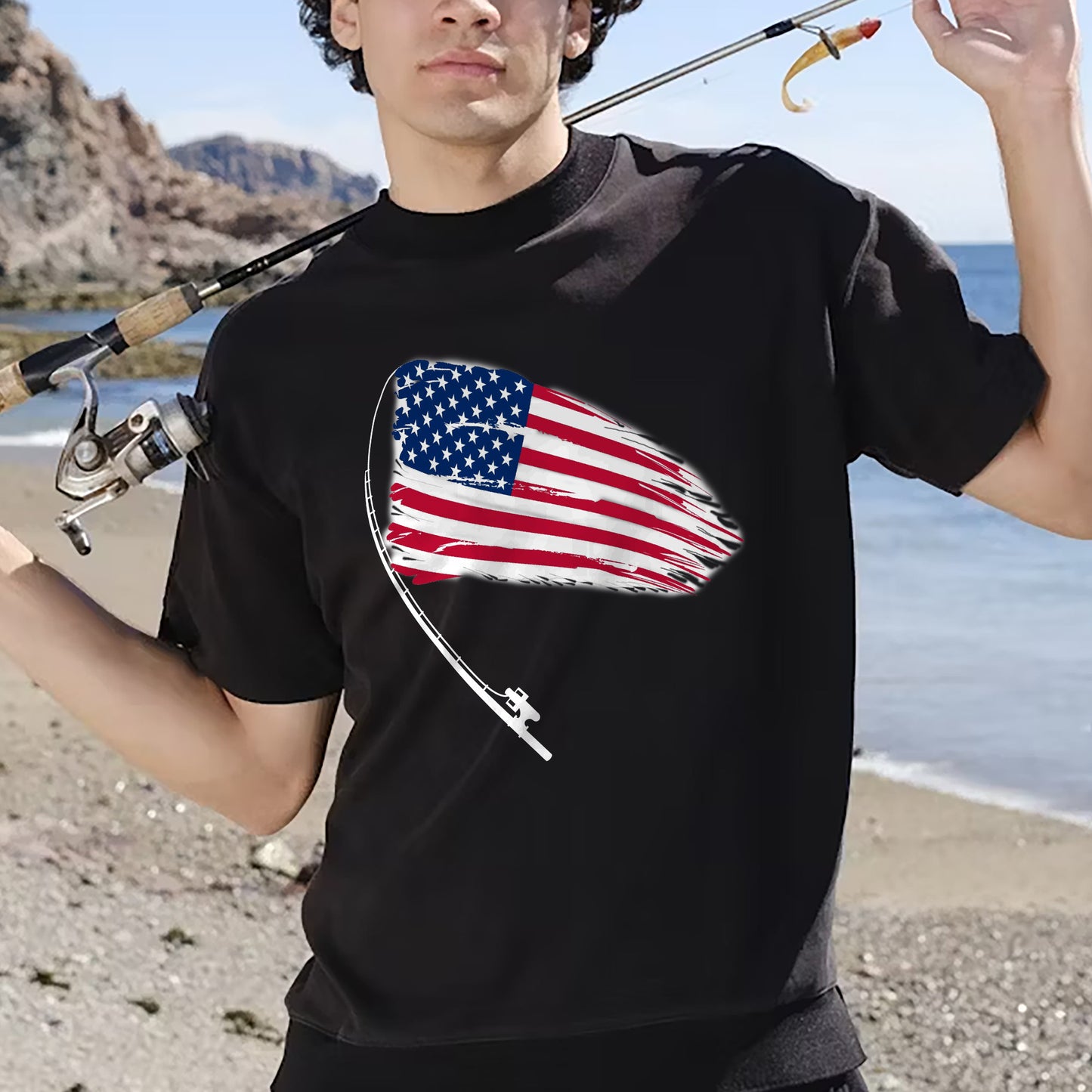 Patriotic Fishing Shirt – American Flag Bass Fishing Tee – USA Angler Gift – Black – Up To 5XL