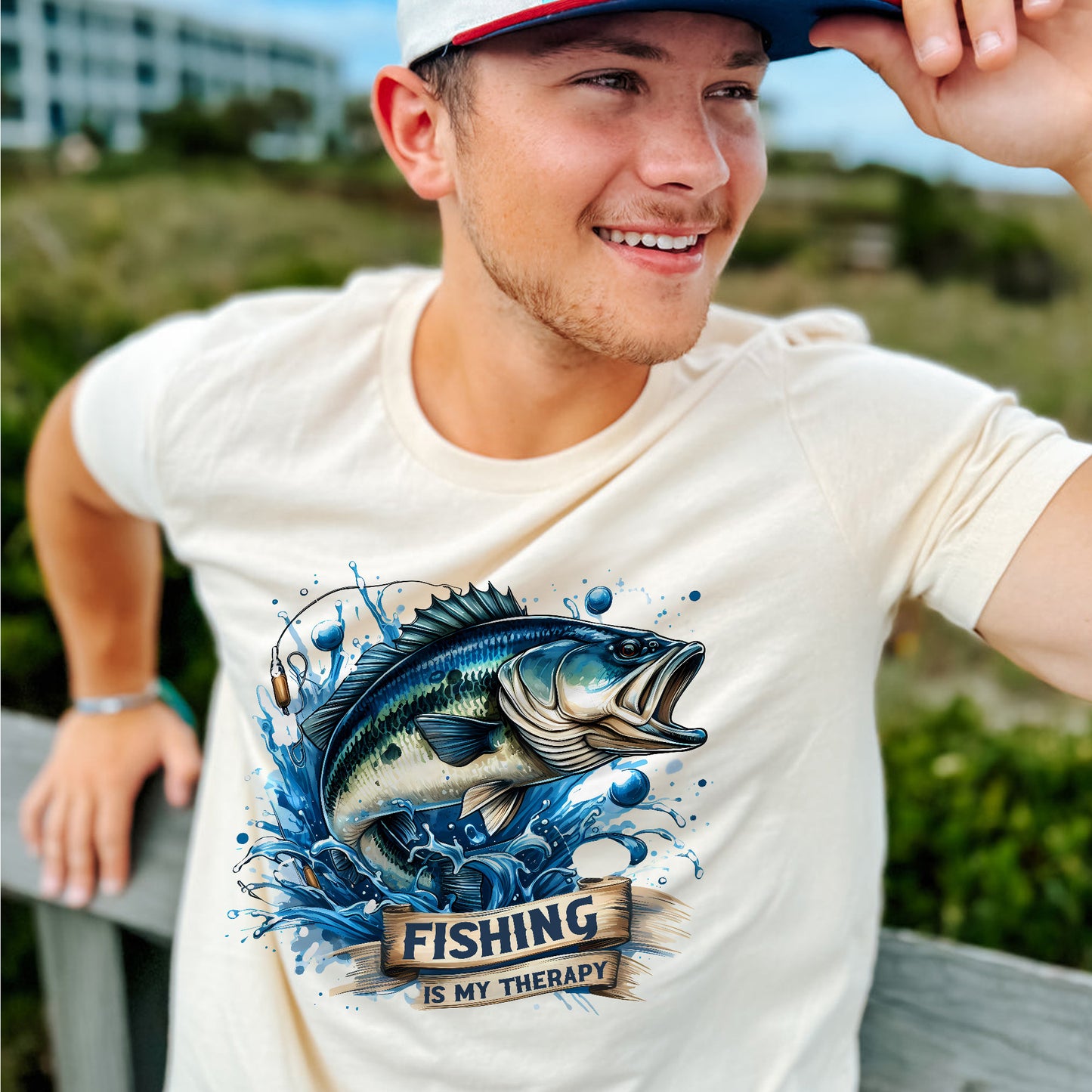 Outdoor Humor Shirt – Fishing Is My Therapy Funny Fisherman Tee – Nature Lover Gift – Natural – Up To 5XL