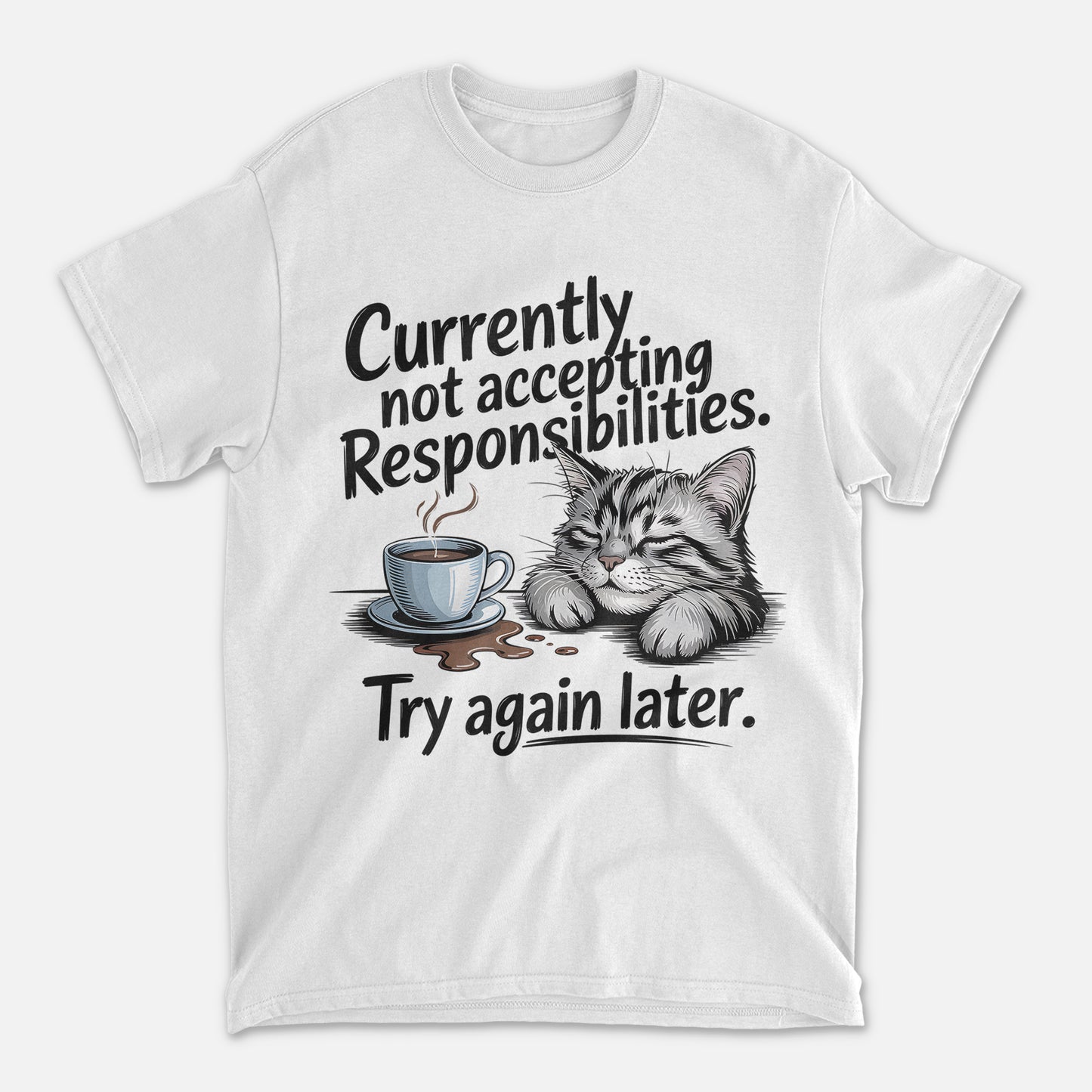 Funny Cat Shirt – Currently Not Accepting Responsibilities Try Again Later – Lazy Kitty Humor Tee for Women - White - Up To 5XL