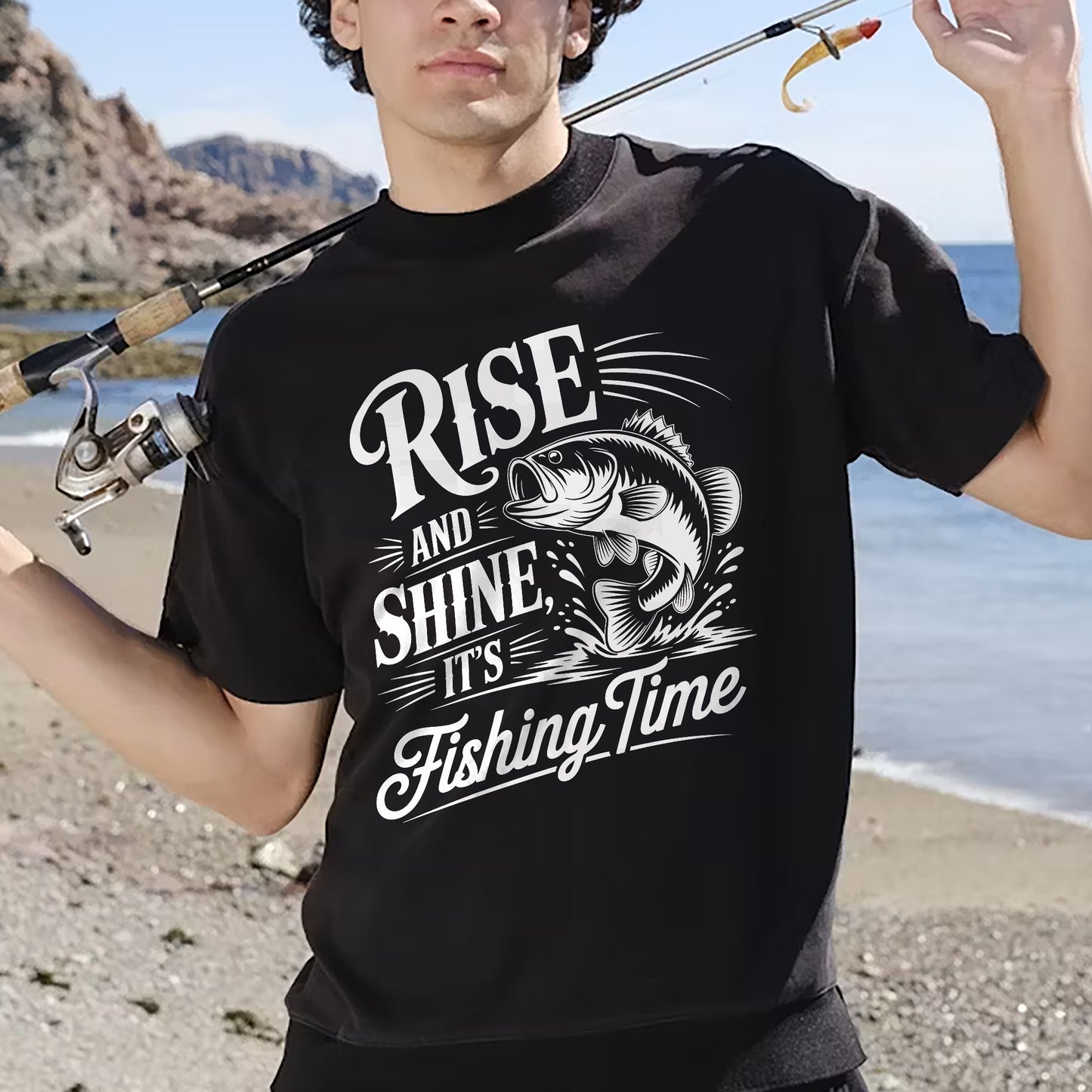 Fishing Lover Shirt – Rise and Shine It’s Fishing Time Tee – Morning Angler Graphic Shirt – Black – Up To 5XL