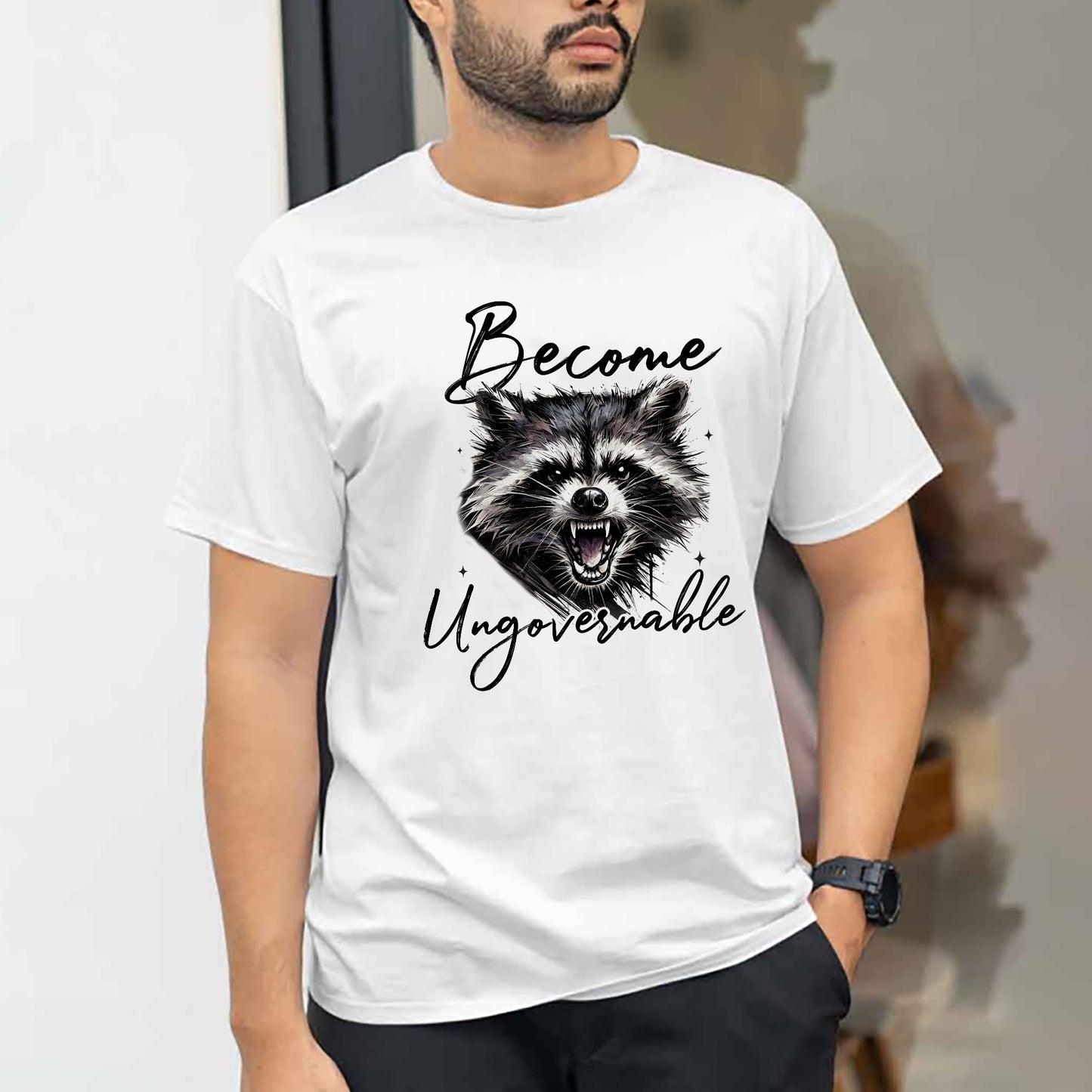 Funny Raccoon Shirt – Become Ungovernable – Chaotic Trash Panda Meme Tee – White– Up To 5XL