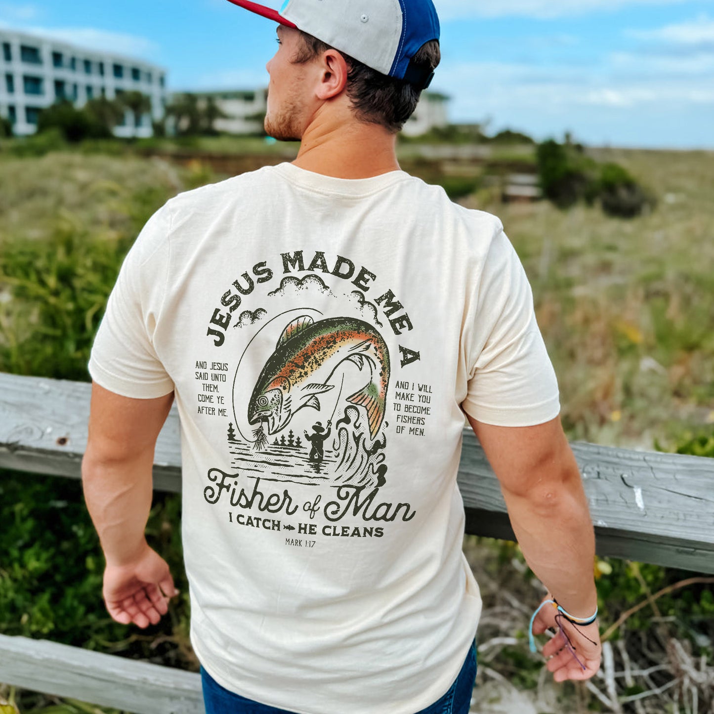 Christian Fishing Shirt – Jesus Made Me a Fisher of Men I Catch He Cleans – Based Faith Tee – Natural – Up To 5XL