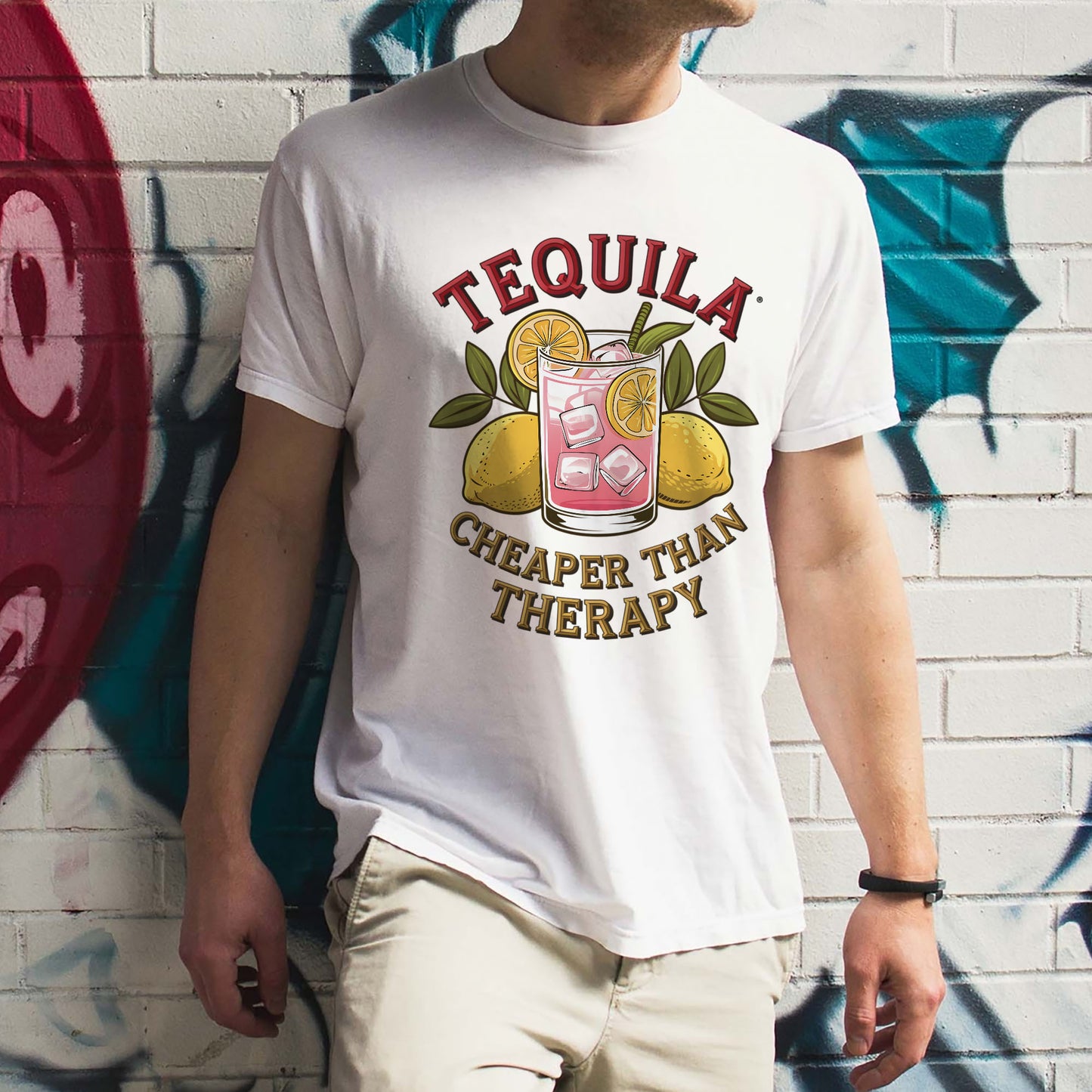 Funny Drinking Shirt – Tequila Cheaper Than Therapy – Alcohol Quote Tee – White – Up To 5XL