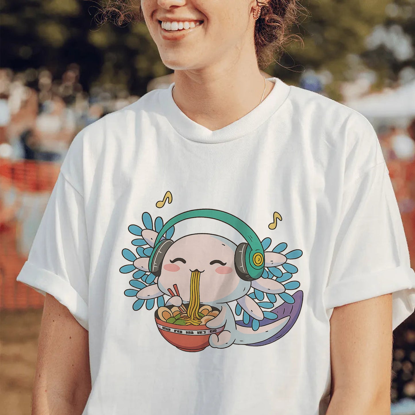 Cute Axolotl Eating Ramen T-Shirt – Funny Kawaii Noodle Lover Lofi Anime Tee - White - Up To 5XL