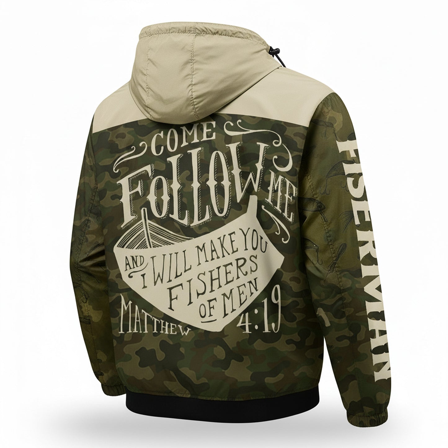 Fisher of Men Christian Camo Windbreaker Jacket – Matthew 4:19 Fishing Faith Outerwear