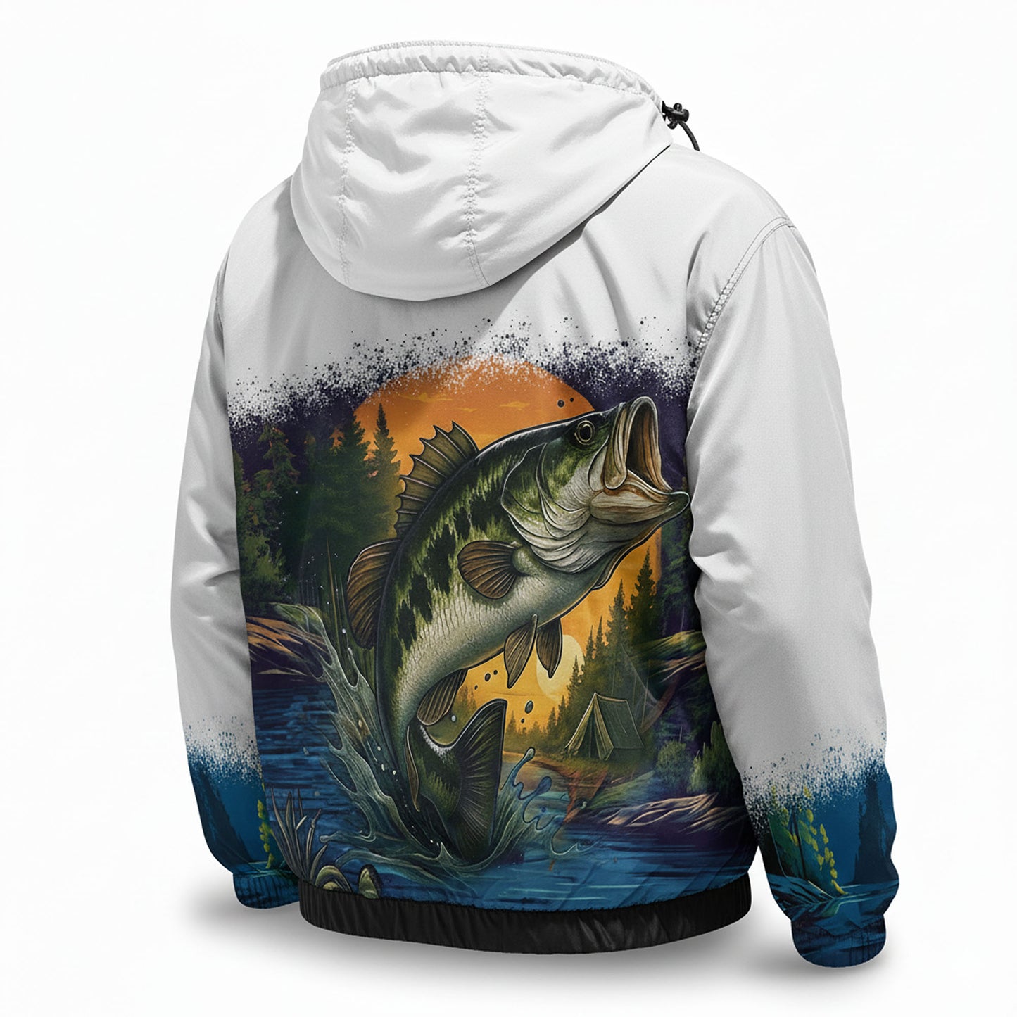 Largemouth Bass Windbreaker Jacket – Sunrise Fishing Edition | Lightweight Hooded Fishing Jacket for Men