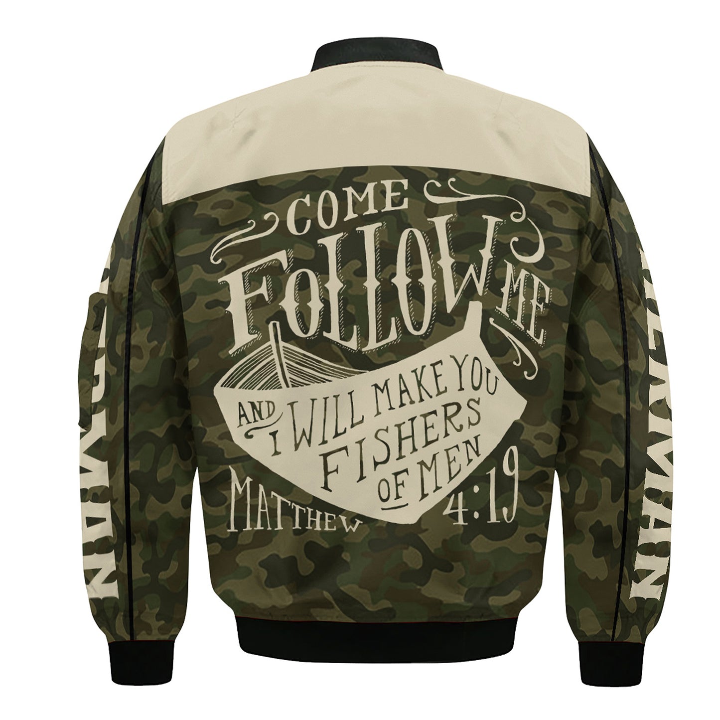 Christian Fisherman Bomber Jacket – “Come Follow Me” Camo Edition | Faith & Fishing Apparel for Men