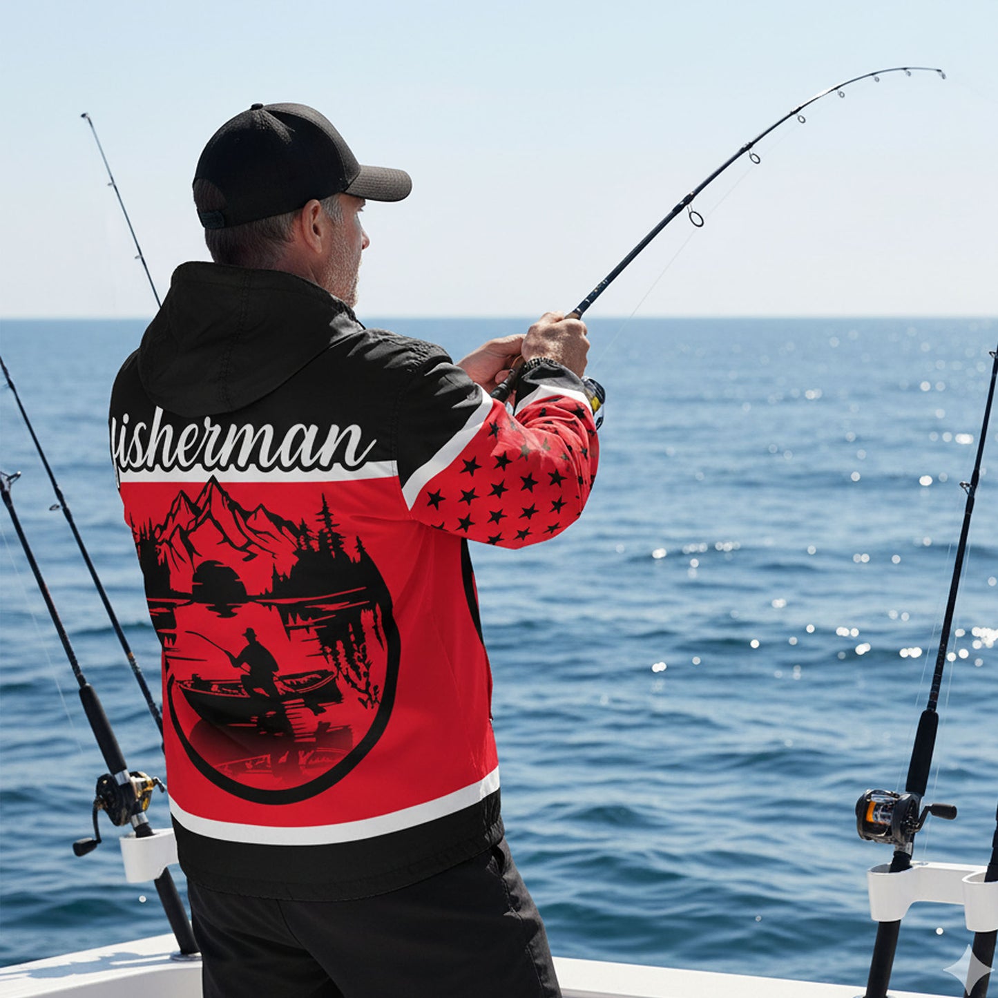 American Fishing Club Windbreaker Jacket – Red & Black Fisherman Edition | Lightweight Hooded Outdoor Jacket for Men